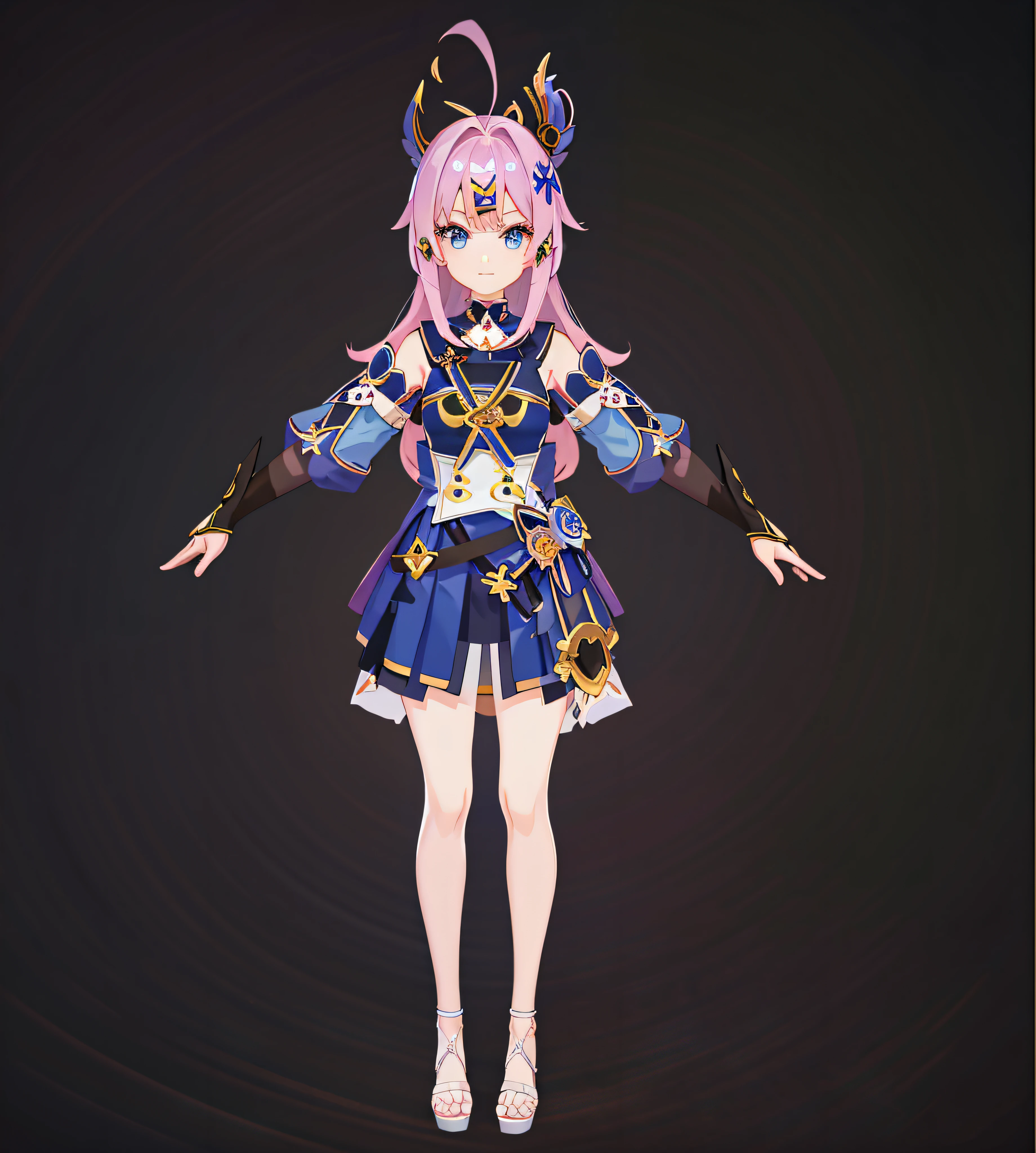 Anime - Stylistic image of a woman in a blue dress，There is a clock on the arm, render of a cute 3d anime girl, highly detailed character, live2d virtual youtuber model, anime styled 3d, hyper-detailed fantasy character, Ayaka Genshin impact, 3 D rendering character art 8 K, anime vtuber full body model, highly detailed whole body
