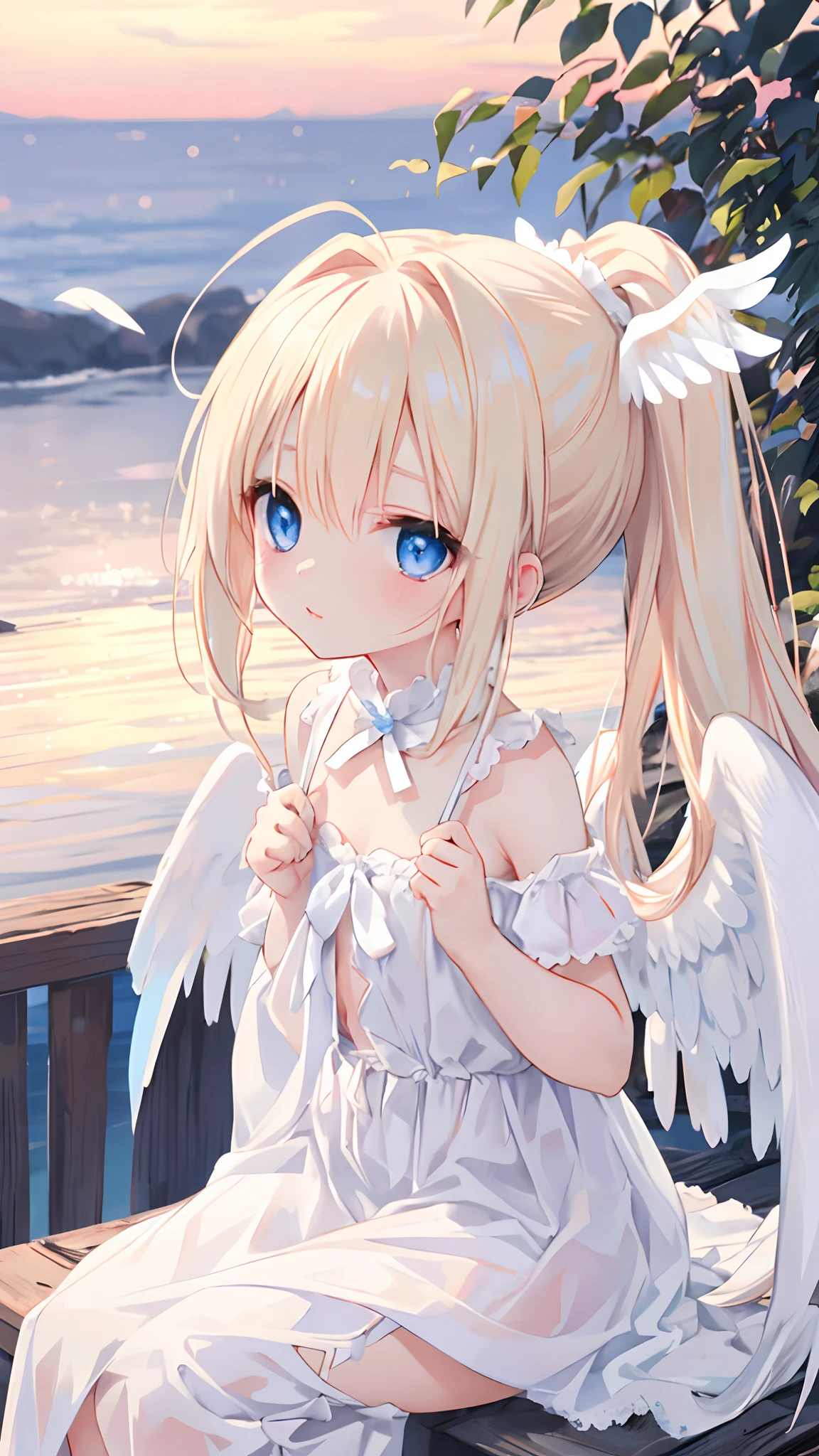 Cute angel girl，Angel wings，DOA，Sat down，Dusk，blood vess，Long blonde hair and double ponytail，Nice blue eyes