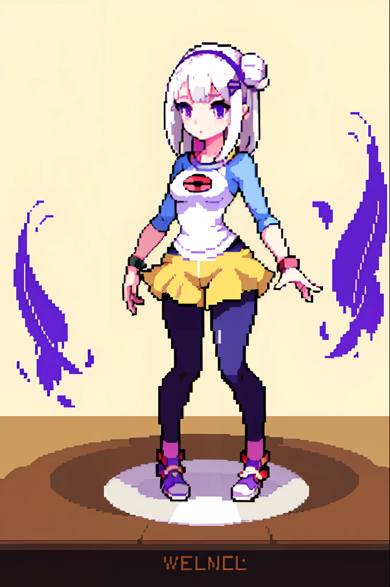 (masterpiece, top quality, best quality), pixel,pixel art,1girl,full body, Emilia, white hair, purple eyes, long hair, x hair ornament, flower hair ornament, pokemon uniform, Rosa’s outfit, pokeball,