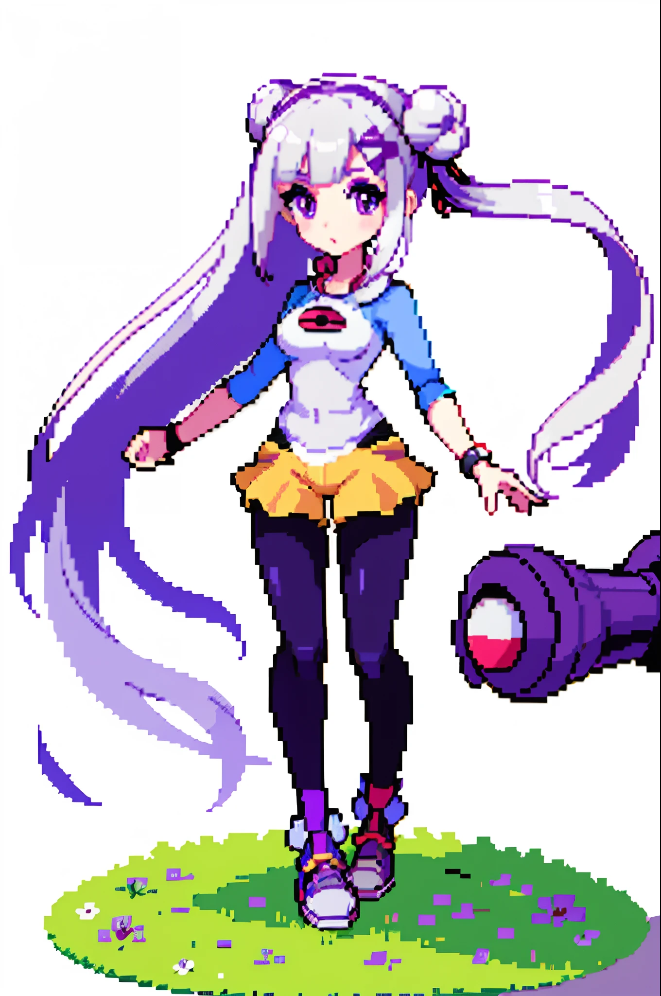 (masterpiece, top quality, best quality), pixel,pixel art,1girl,full body, Emilia, white hair, purple eyes, long hair, x hair ornament, flower hair ornament, pokemon uniform, Rosa’s outfit, pokeball,