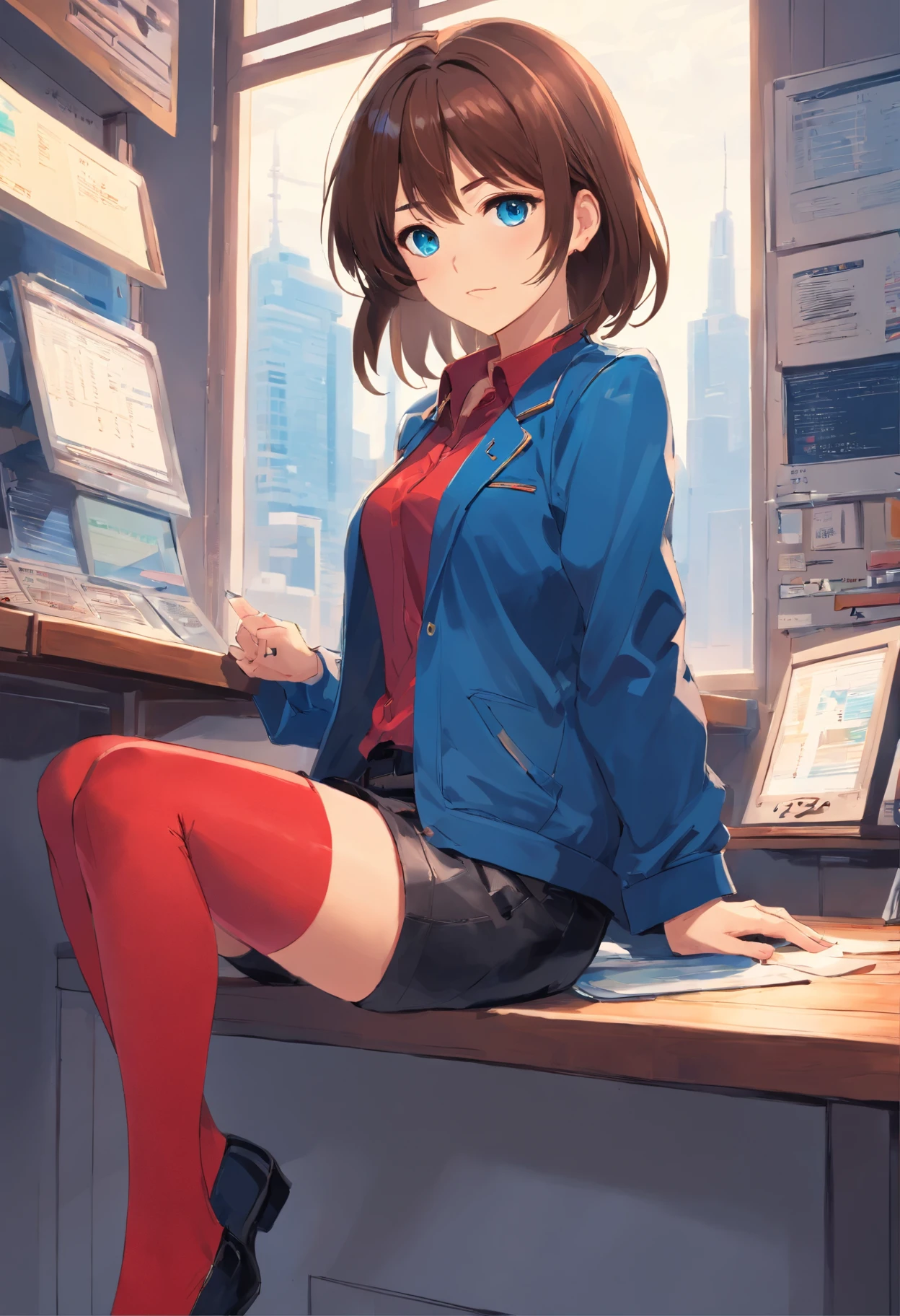 cute girly，Brown hair long，blue color eyes，blue jacket，red shirt, Black stockings，Business black leather shoes, sit