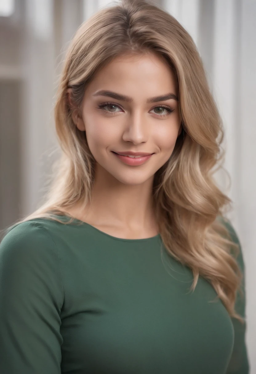 A photo of a beautiful Latino woman , 21 years old, 133 pounds, 5.41 feet tall, Light blonde straight hair, Light green eyes, tanned, 6 1/2 shoes, wearing casual cloths, She looked into the camera，With a mischievous smile on his face, She looks confident and，Upper body photo，Smile with teeth bared