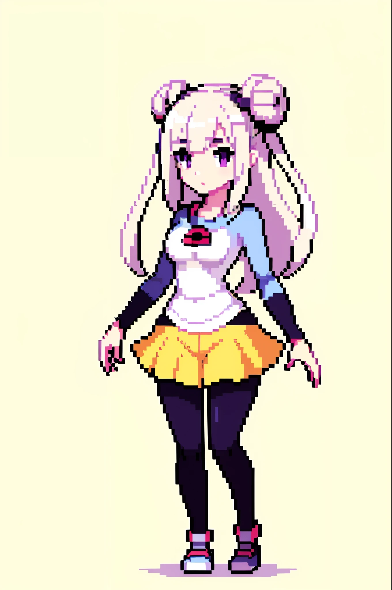(masterpiece, top quality, best quality), pixel,pixel art,1girl,full body, Emilia, white hair, purple eyes, long hair, x hair ornament, flower hair ornament, pokemon uniform, Rosa’s outfit, pokeball,