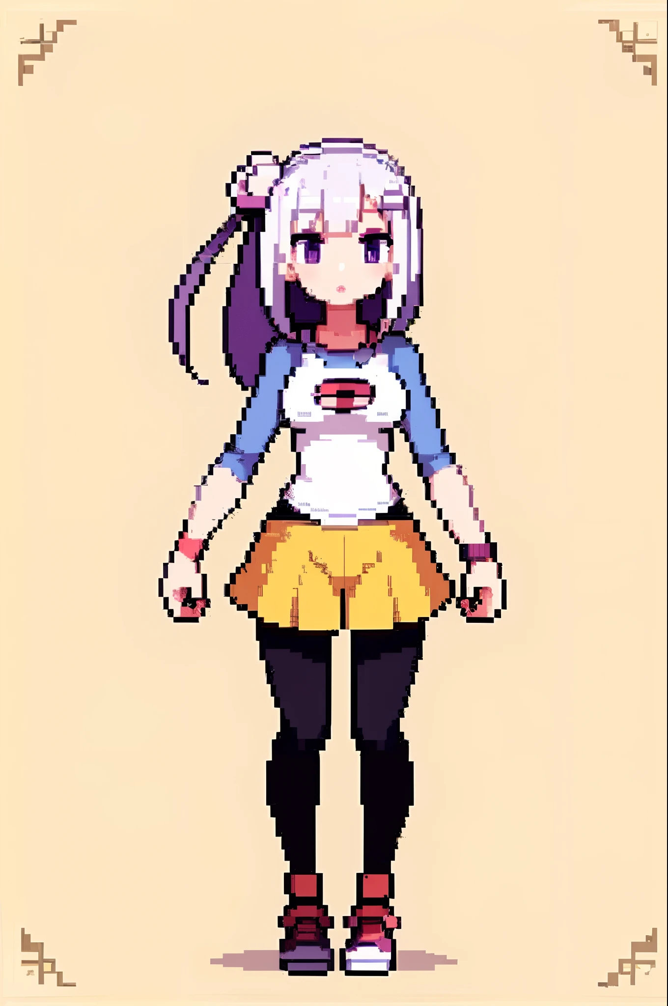 (masterpiece, top quality, best quality), pixel,pixel art,1girl,full body, Emilia, white hair, purple eyes, long hair, x hair ornament, flower hair ornament, pokemon uniform, Rosa’s outfit, pokeball,