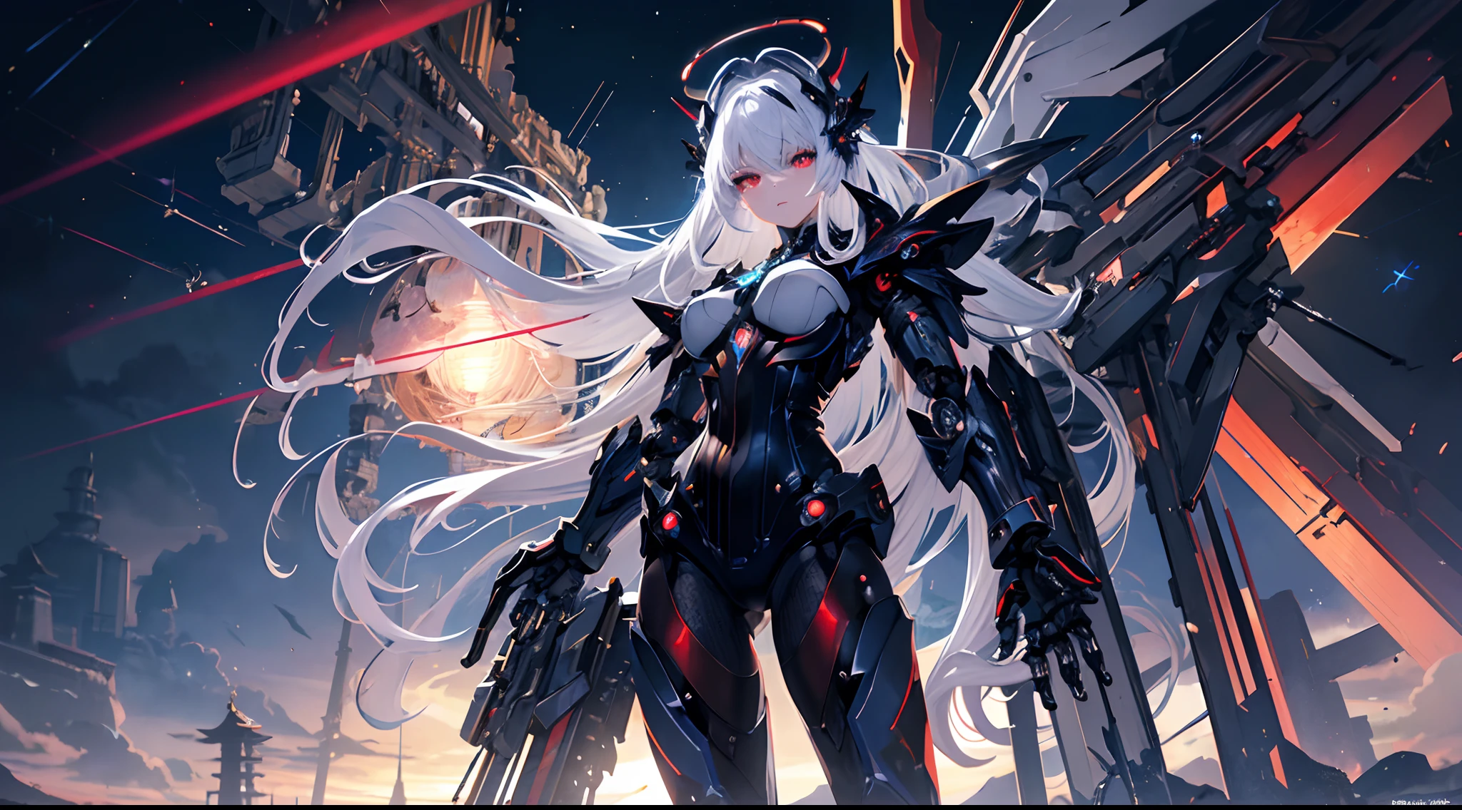 starfall, moonlight, sci-fi, cyber city, long hair, heterochromia, mecha girl, sitting