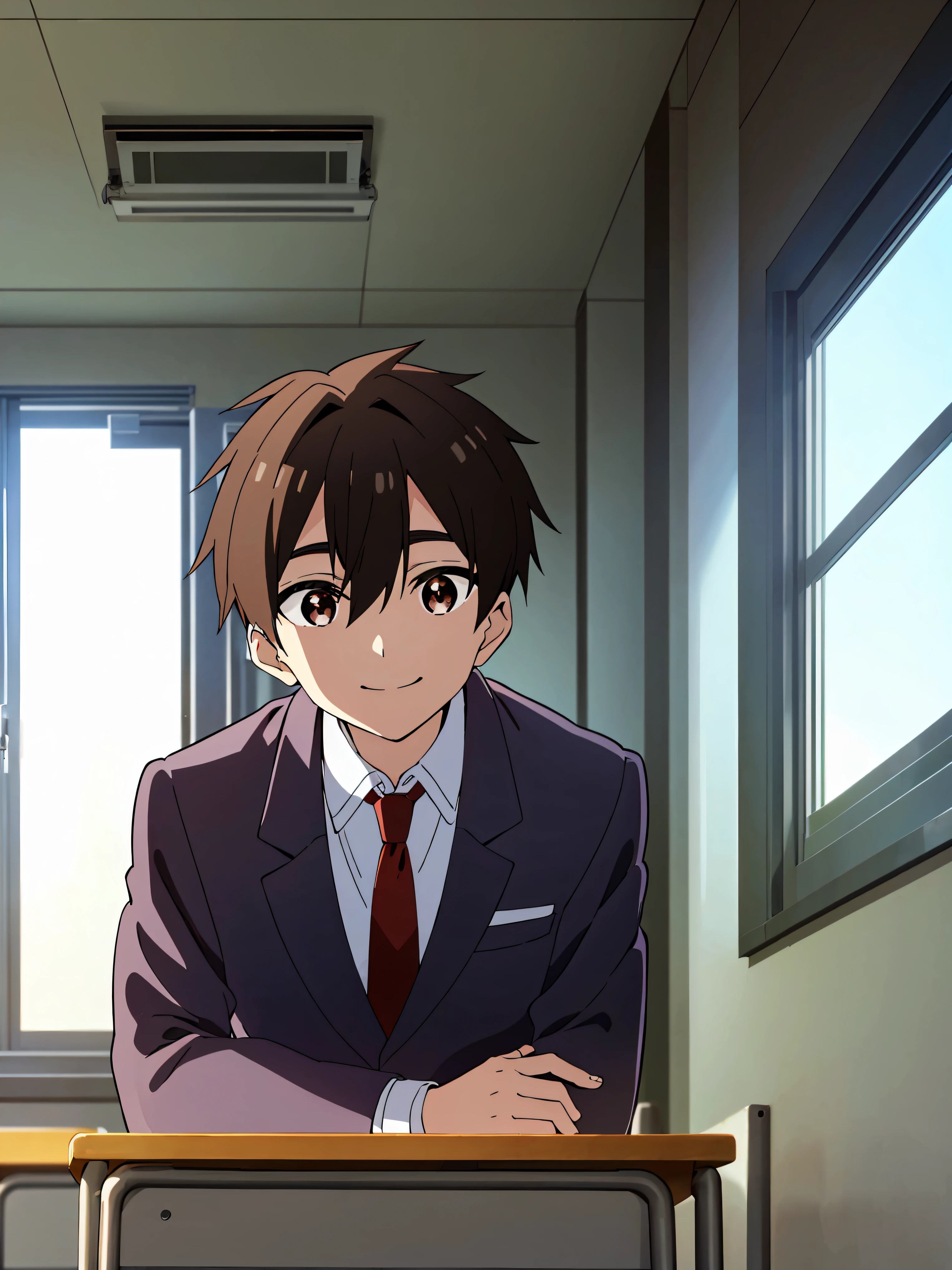 Rentarou, brown eyes, black hair, 1boy, (looking at viewer), (solo), masterpiece, best quality, classroom, window, school uniform, wearing red neck tie, smiling, eyes with light in it, closed smile, hot male,