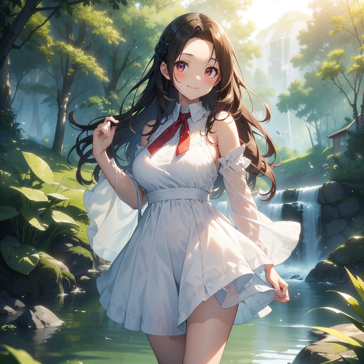 very cute and beautiful girl,frilled white sun dress with detailed lace,(skirt lift,white panties),
(highly detailed beautiful face and eyes:1.2),cowboy shot,(smile),black hair,flower crown,
(standing by water spring in forest),fog,fantastic stone monument,detailed landscape,
(best quality,masterpiece:1.2),(intricate details),extremely detailed,highres,solo,
cinematic lighting,dim light,dynamic angle,hair fluttering in the wind,32k,ultra-detailed,