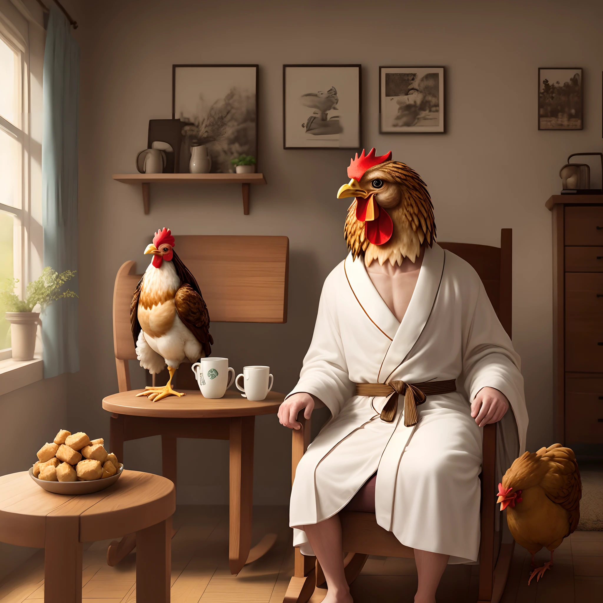 Chicken wearing a robe sitting in a rocking chair