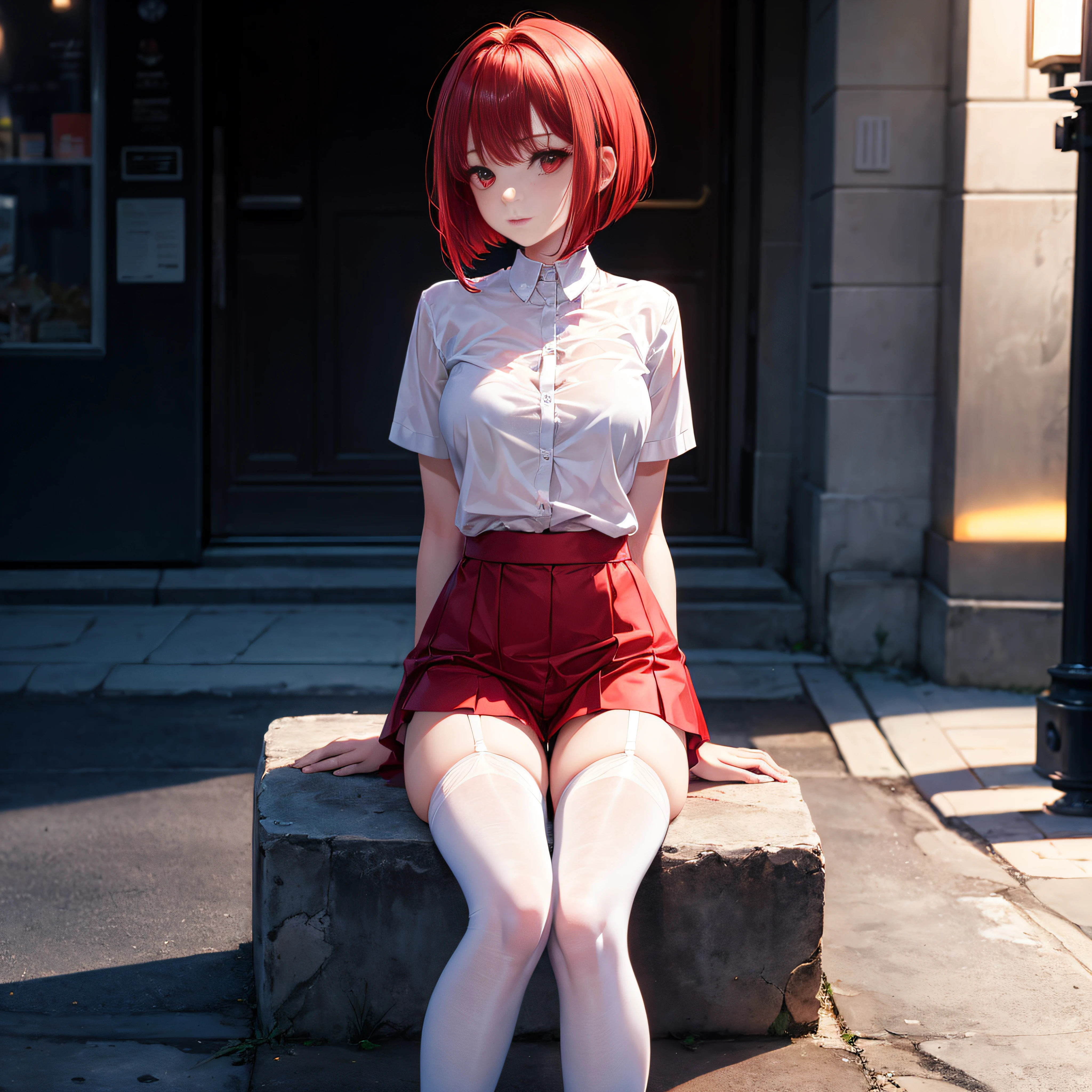 realisitic、top-quality、Sit on a street corner、with light glowing、((One Woman:1.5))、red hairs、red eyes、Medium bob、white shirt、Sheer shirt、Black pantyhose、hotpants、Top and bottom red underwear、spread legswide