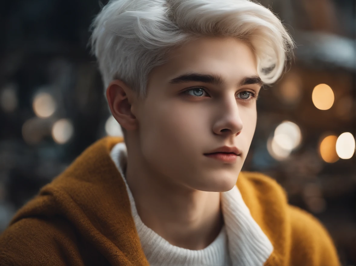  with a faint smile, Silver hair and galactic eyes, Wearing a white sweater、He wears gold earrings in his left ear.