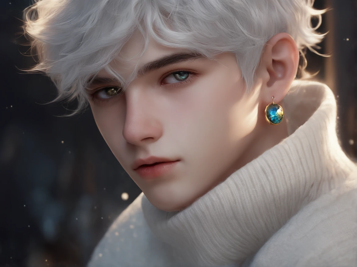 Teenage boy with a faint smile, Silver hair and galactic eyes, Wearing a white sweater、He wears gold earrings in his left ear.