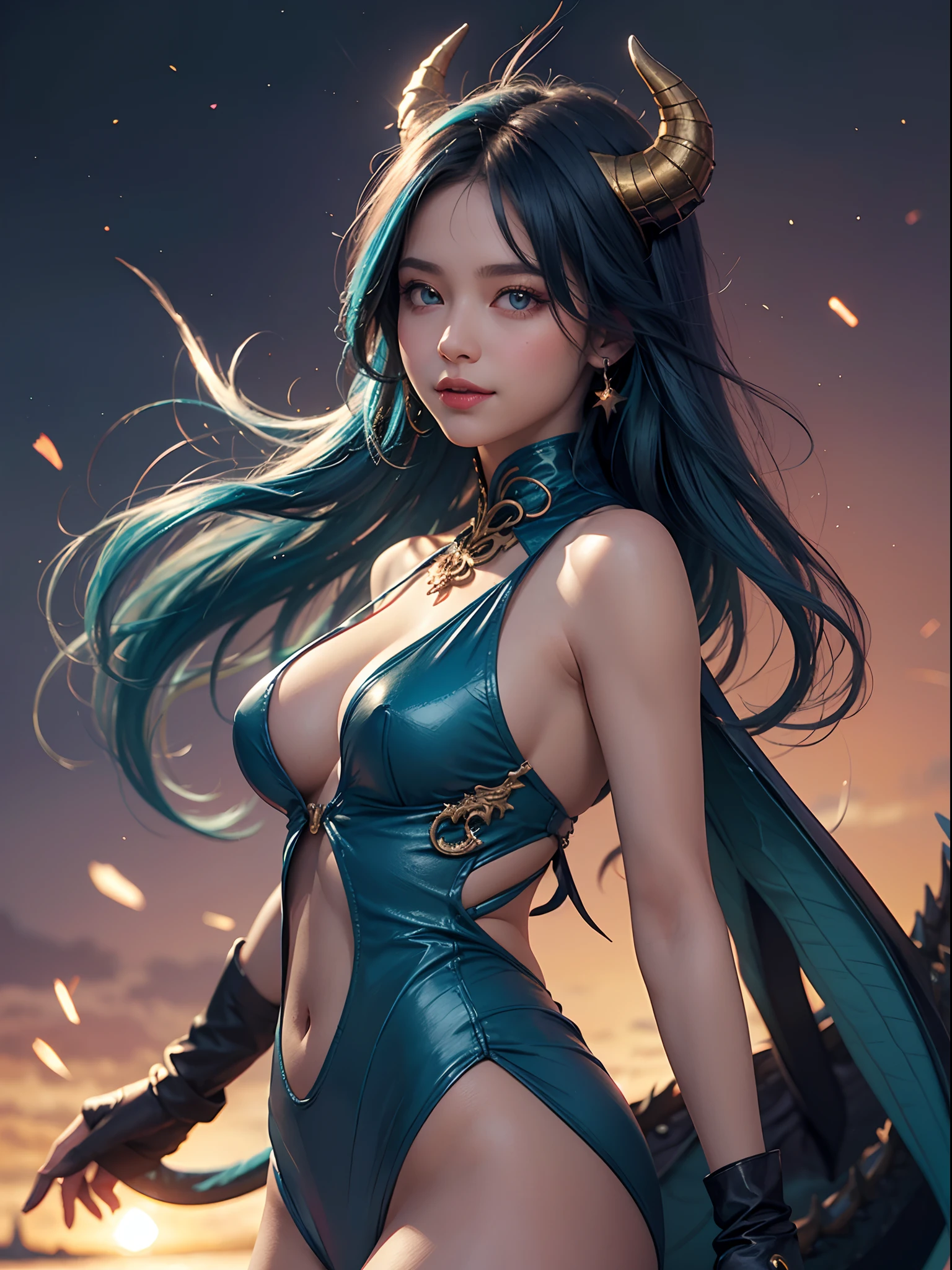 Unbeatable masterpiece, Ultra photo realsisim , Perfect artwork , Intricate details , Best quality , Strong light , High contrast , Dynamic pose , Dutch angle , (Blurry, Depth of field, blurryforeground:1.35) , illustration , Girl , Solo , Two dark golden dragon horns , a beauty girl , Fine blue hair , Delicate deep golden eyes , light dots , Scattered light cyan flames , Coiled dragon , full bodyesbian , Floating hair , There were too many scattered sparks , Lots of extremely tangled feathers , Backlight , Smile , (Light cyan dragon) , (Dragon girl) , Dark blue , (cowboy_Shot) ,(Starlight,Sunset , Lens flare:1.25) ,