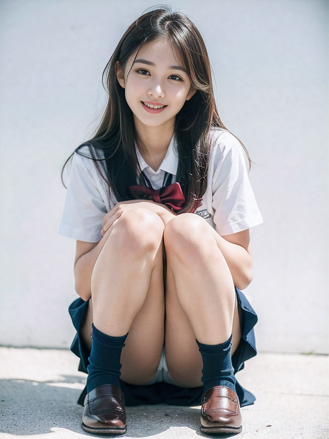 ((Dark blue socks)) Put your hands on your knees ((Brown loafers)a blond、((White panties are visible))(Squatting panty shots)二重まぶた Lashes beatiful detailed eyes、ultra-detailliert、hight resolution、Transcendent beauty top-quality、masterpiece、、(Japanese girls' high school uniform))、Very detailed expression school classrooms Highly detailed appearance 21 year old girl、front facing、((dynamicposes)))、(Sitting on legs with bent knees))、pleatedskirt、Ribbon 1,2 Sexy Upper Eyes A slight smil low angles