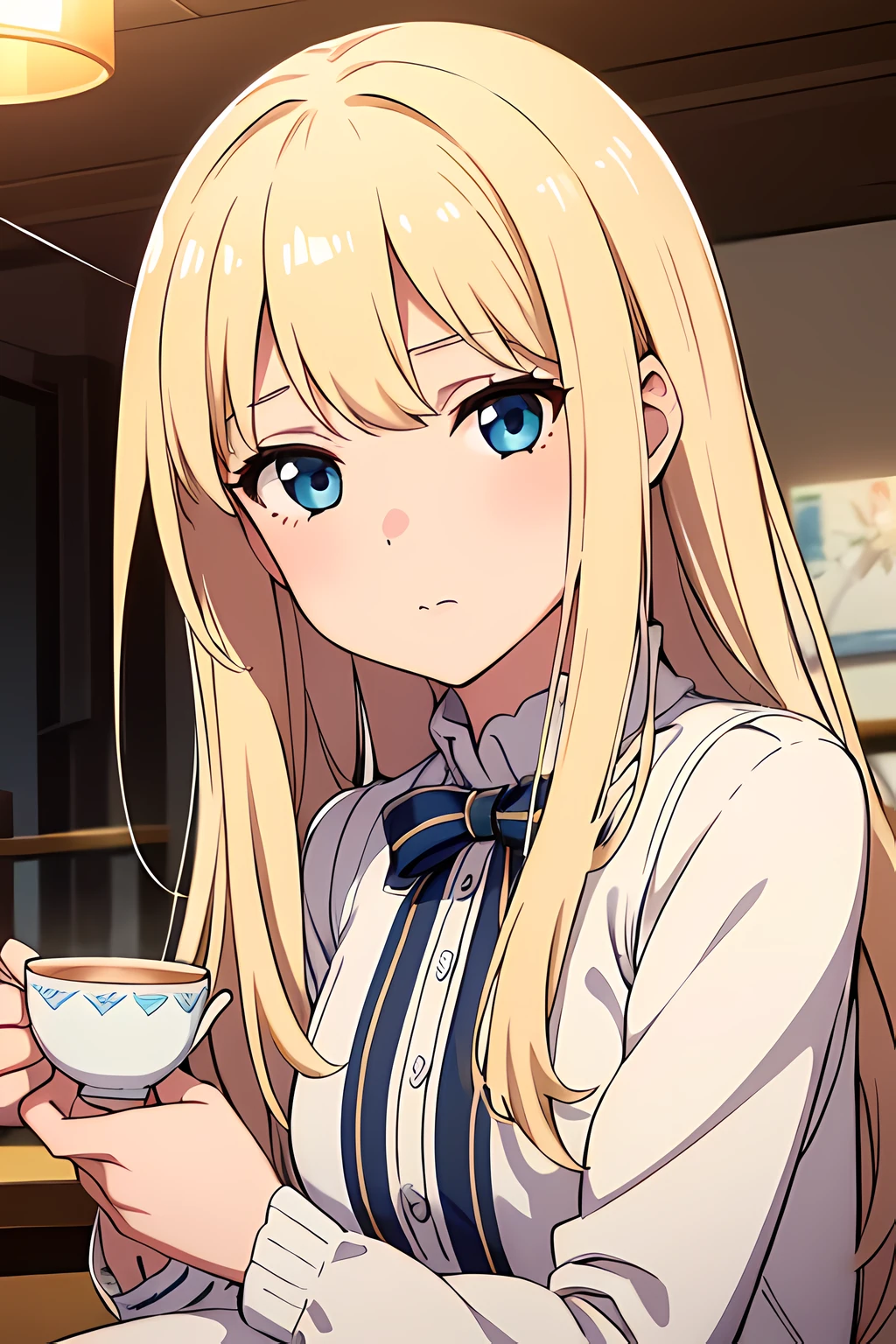 (1girl in),(beautiful eyes finely detailed, Face to detail, blonde hair, long hair), wearing summer style dress, enjoying a cup of tea at cafe, sitting on cafe, and shy facial expression, blush on her face, camera angle from front, looking at you, close up, ​masterpiece, top-quality, detailed, High resolution illustration