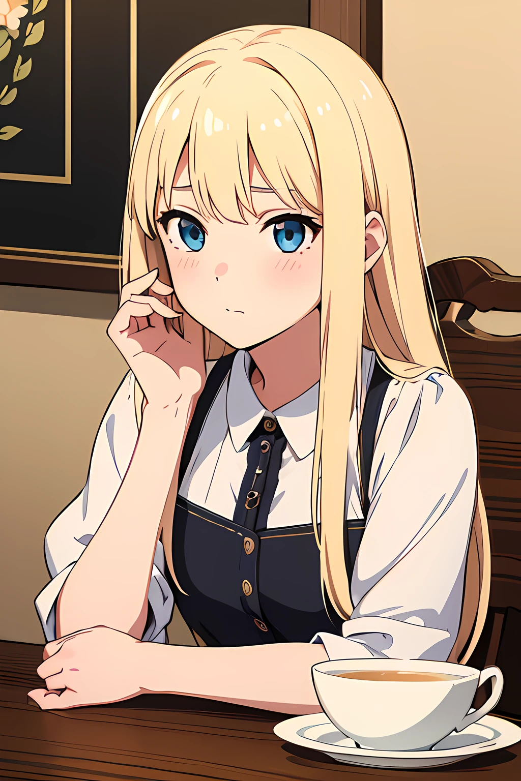 (1girl in),(beautiful eyes finely detailed, Face to detail, blonde hair, long hair), wearing summer style dress, enjoying a cup of tea at cafe, sitting on cafe, and shy facial expression, blush on her face, camera angle from front, looking at you, close up, masterpiece, top-quality, detailed, High resolution illustration