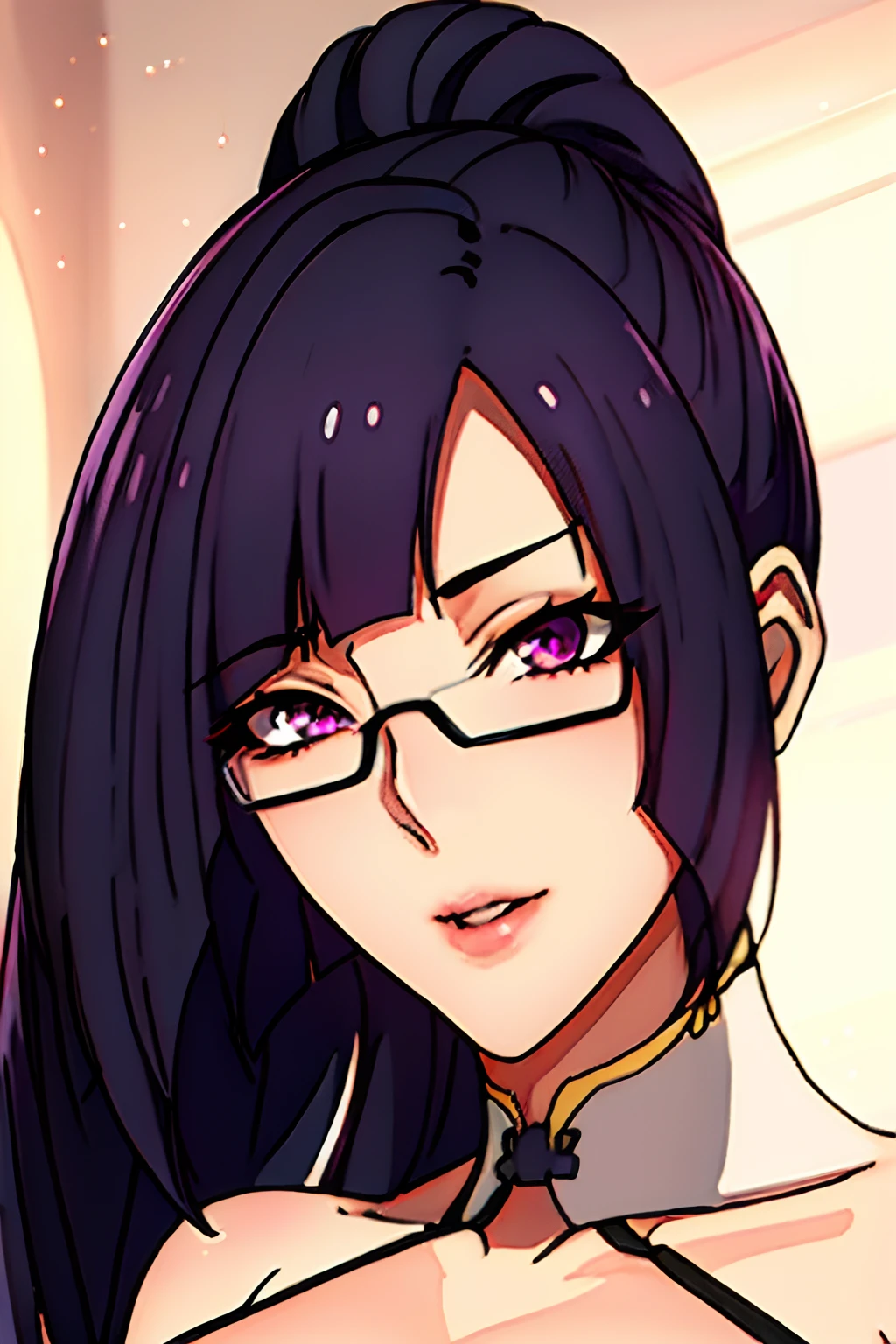 Beautiful, (wedding dress:1), bed room, semi-rimless eyewear, black hair, very long hair, ponytail,Bangs,purple eyes, 1 girl, 20yo,Young female,Beautiful Finger,Beautiful long legs,Beautiful body,Beautiful Nose,Beautiful character design, perfect eyes, perfect face,expressive eyes,perfect balance, (innocent_big_eyes:1.0), official art,extremely detailed CG unity 8k wallpaper, perfect lighting,Colorful, Bright_Front_face_Lighting,shiny skin, (masterpiece:1.0),(best_quality:1.0), ultra high res,4K,ultra-detailed, photography, 8K, HDR, highres, absurdres:1.2, Kodak portra 400, film grain, bokeh:1.2, lens flare, (vibrant_color:1.2),professional photograph, (Beautiful,large_Breasts:1.4), (beautiful_face:1.5)