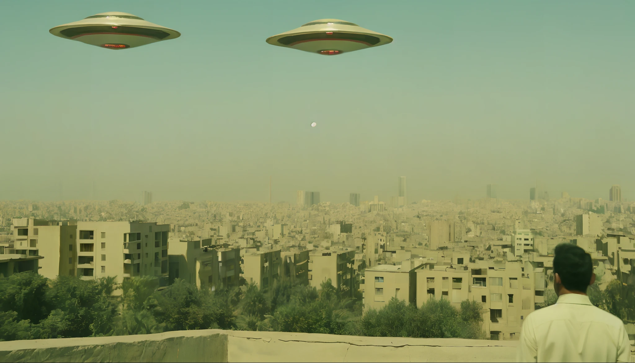 Flying saucers kidnaps a person, urban cairo in the background, screengrab, heavy grain, analog, surreal cinema, filmstill, symmetrical,