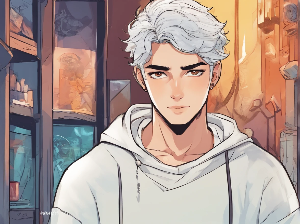 with a faint smile, Silver hair and galactic eyes, Wearing a white sweater、He wears gold earrings in his left ear.