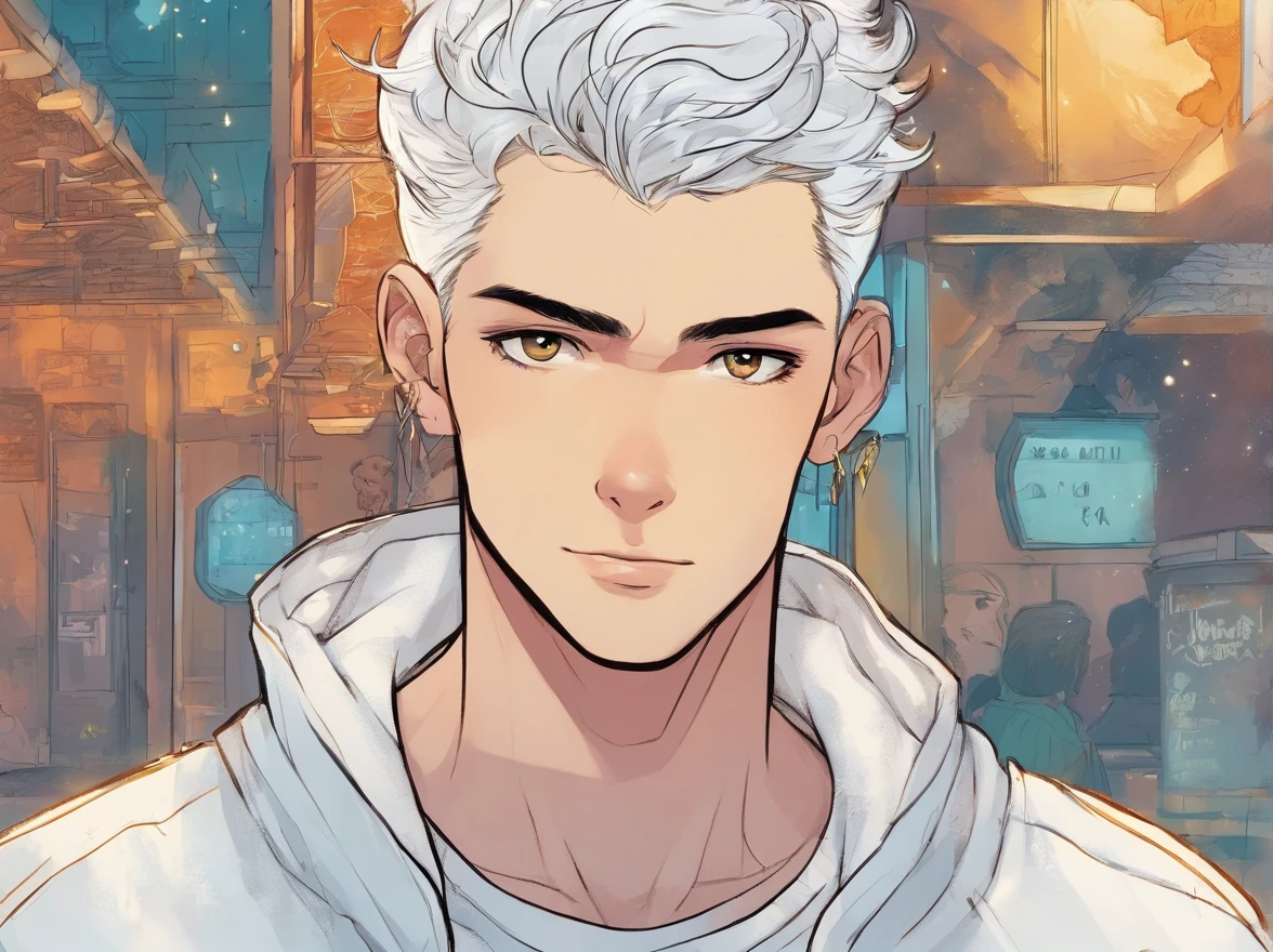 Teenage boy with a faint smile, Silver hair and galactic eyes, Wearing a white sweater、He wears gold earrings in his left ear.