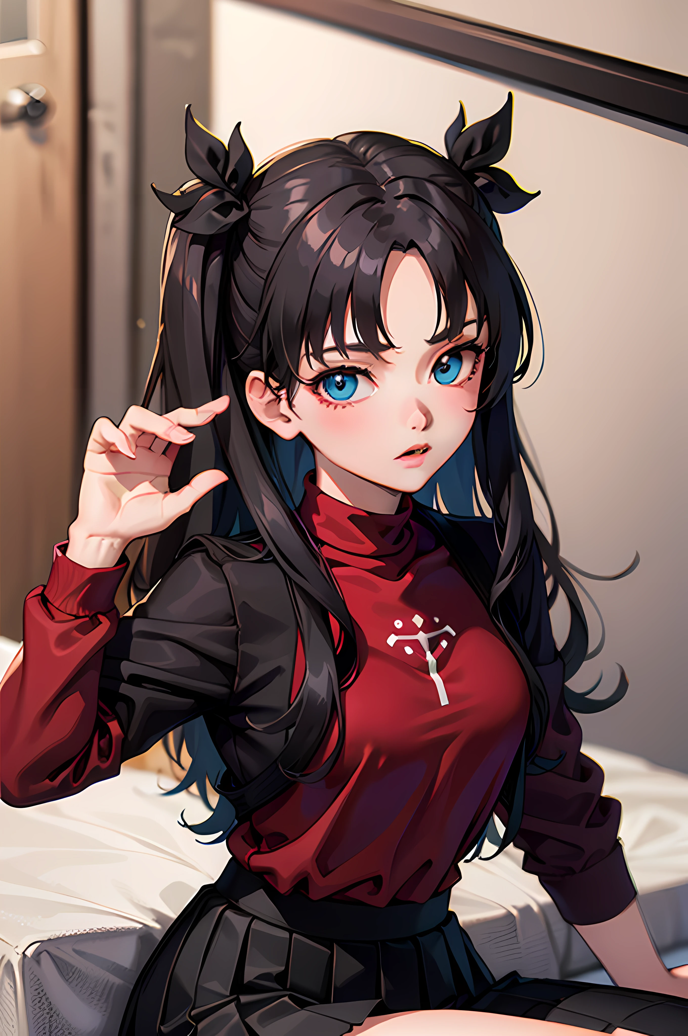 (masterpiece), best quality, expressive eyes, perfect face, 1girl, solo, rintohsaka, rin tohsaka, aqua eyes, black hair, hair ribbon, long hair, ribbon, sidelocks, two side up, black skirt, black thighhighs, long sleeves, miniskirt, pleated skirt, ((red sweater)), skirt, sweater, thighhighs, turtleneck, city background, sitting, character sheet, upper body, portrait, looking at viewer,