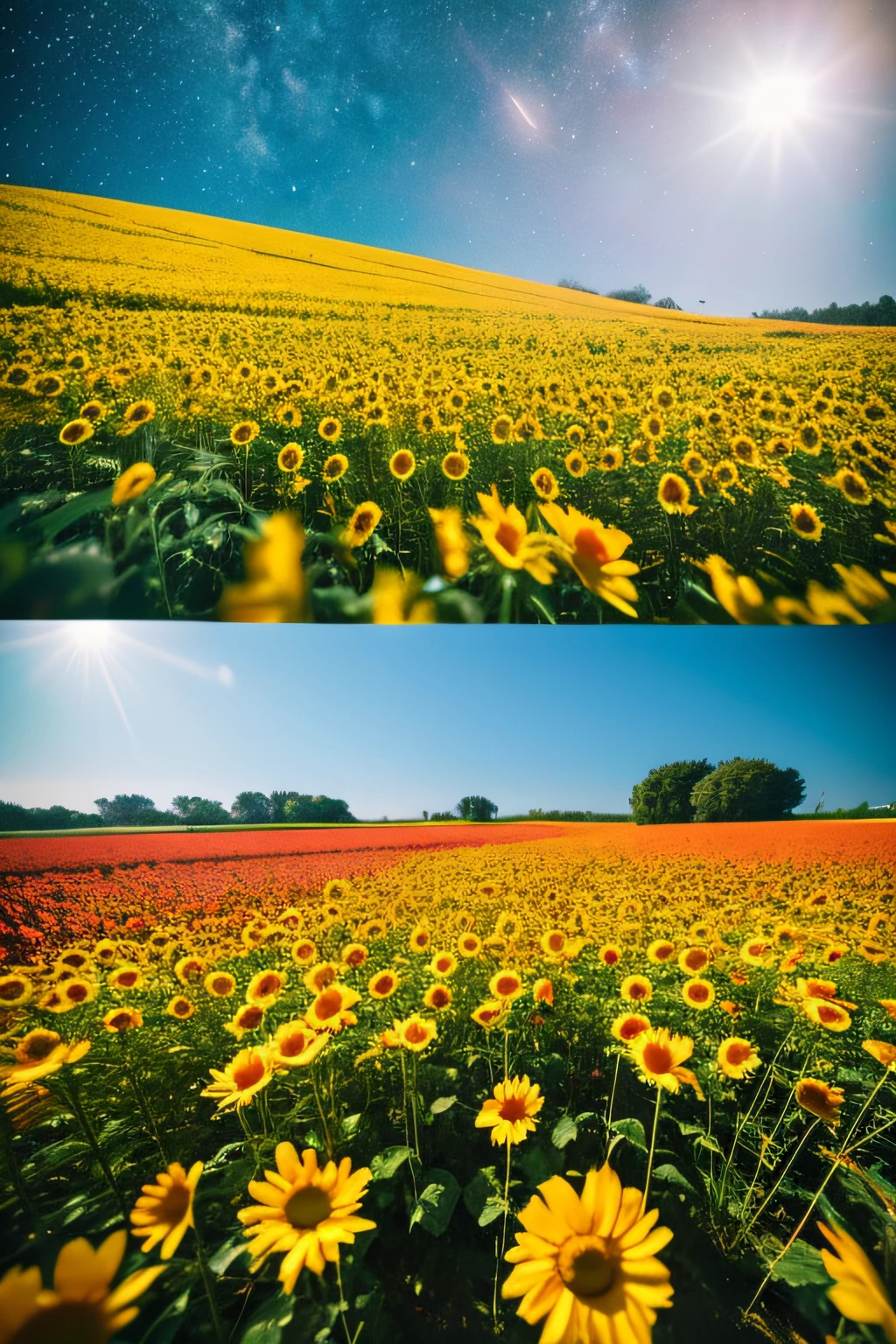 8k、Sunflower field in space、flower field、Colorful flowers of the four seasons、Soft sunlight、Milky Way、A mysterious world where the sun and moon exist