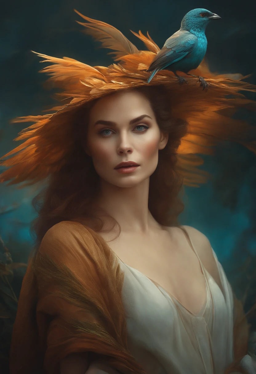 Woman with a bird on her head, hyperrealistic fantasy art, realistic fantasy painting, artgerm julie bell beeple, On her head is a bird, beautiful digital art, Stunning artwork, beautiful character painting, beautiful art, beautiful fantasy art portrait, karol bak uhd, Beeple and Jeremiah Ketner,angelicales