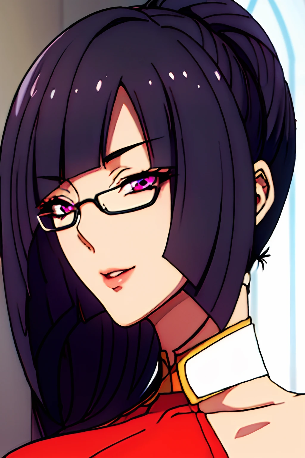 Beautiful, (police uniform:0.5), church background, semi-rimless eyewear, black hair, very long hair, ponytail,Bangs,purple eyes, 1 girl, 20yo,Young female,Beautiful Finger,Beautiful long legs,Beautiful body,Beautiful Nose,Beautiful character design, perfect eyes, perfect face,expressive eyes,perfect balance, (innocent_big_eyes:1.0), official art,extremely detailed CG unity 8k wallpaper, perfect lighting,Colorful, Bright_Front_face_Lighting,shiny skin, (masterpiece:1.0),(best_quality:1.0), ultra high res,4K,ultra-detailed, photography, 8K, HDR, highres, absurdres:1.2, Kodak portra 400, film grain, bokeh:1.2, lens flare, (vibrant_color:1.2),professional photograph, (Beautiful,large_Breasts:1.4), (beautiful_face:1.5)