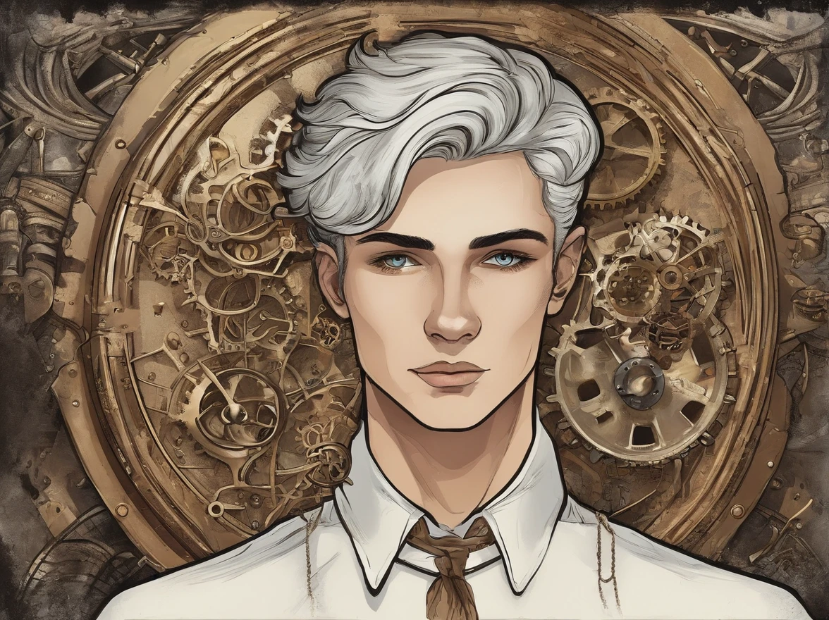  with a faint smile, Silver hair and galactic eyes, Wearing a white sweater、He wears gold earrings in his left ear.