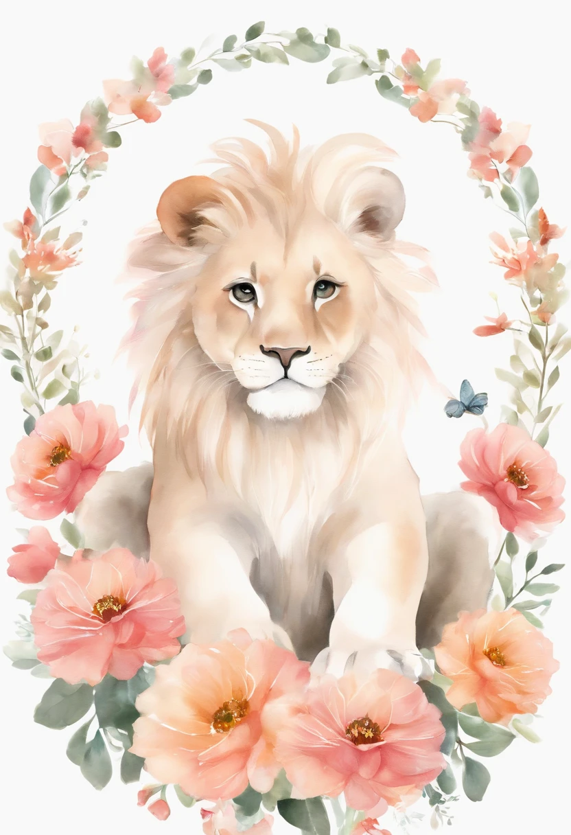 ((fundo branco)), ((Clipart )), ((etiqueta)), (((lion's ear)), Aquarela Bela arte de fantasia rosa selvagem, olhos perfeitos com rosto bonito e flores, Asas de Anjo, Chibi cute animation style, cores vivas e vivas, detalhes intrincados, hiper detalhe, hiper qualidade, 32k, Motor irreal, isolado no fundo branco, fofo, cintilar