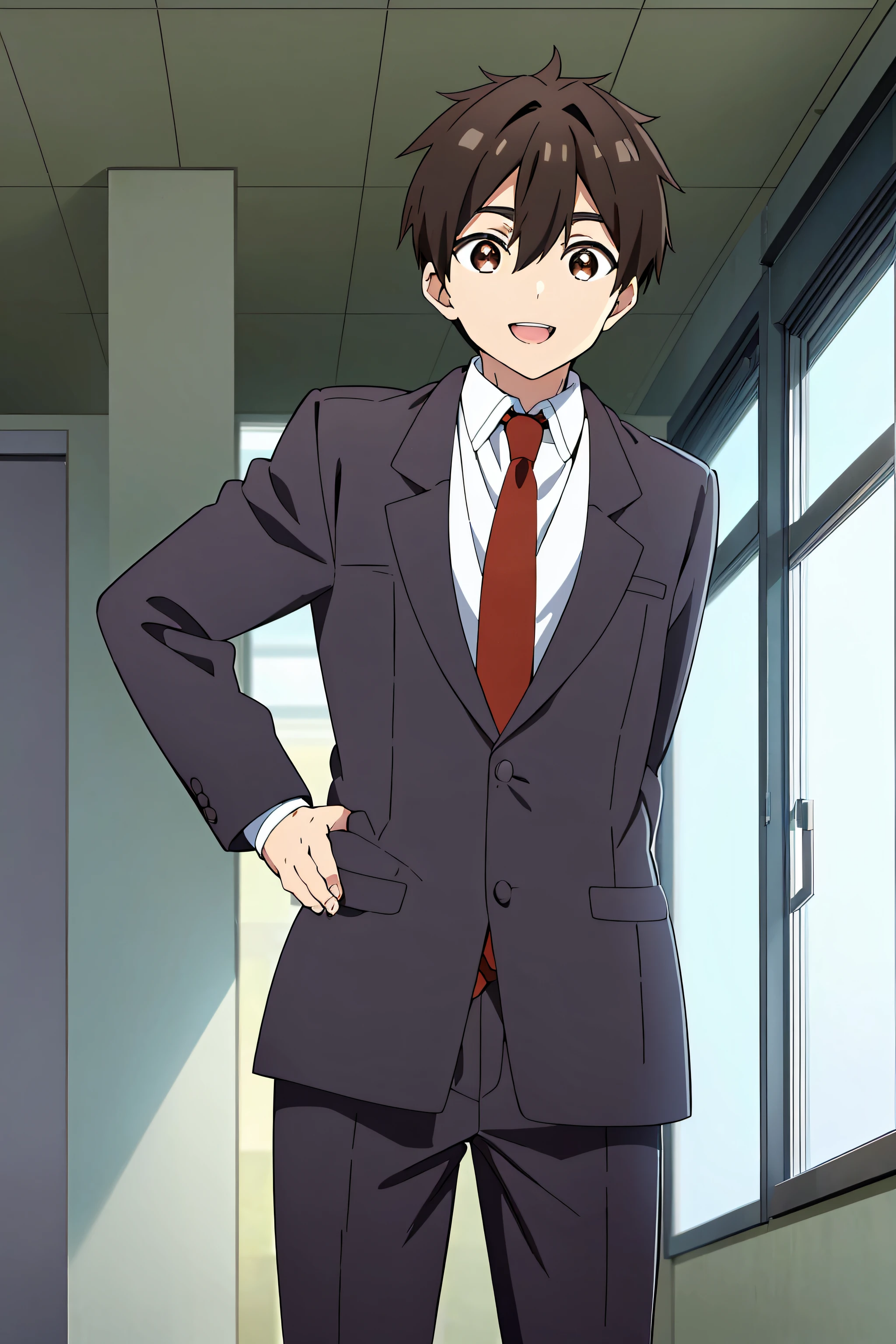 Rentarou, brown eyes, black hair, 1boy, (looking at viewer), (solo), masterpiece, best quality, classroom, window, school uniform, wearing red neck tie, smiling, eyes with light in it, open mouth, hot male, hands on hips