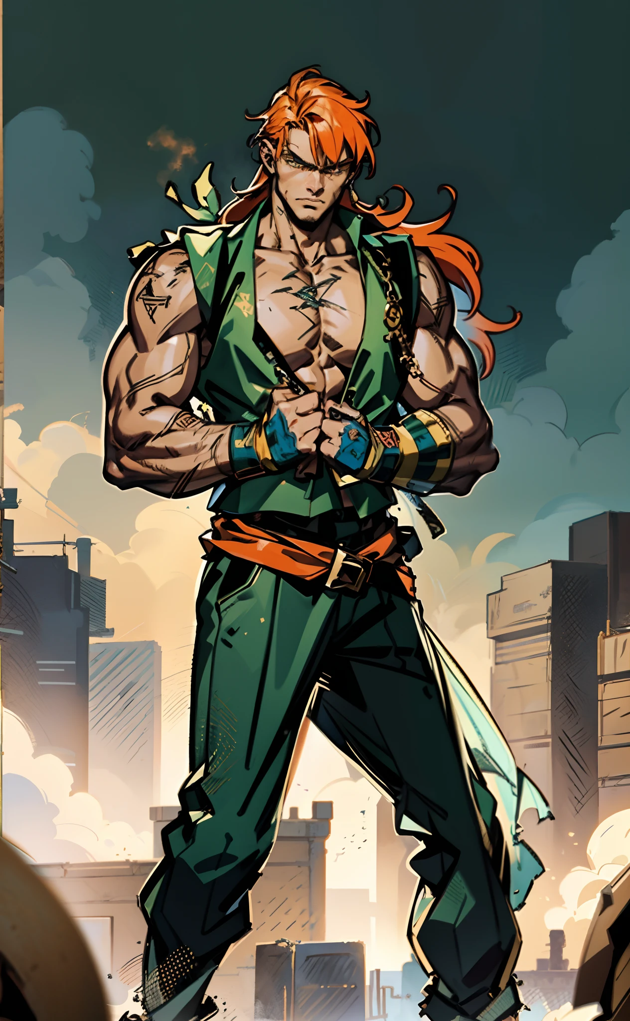 short green hair、Muscular, statuesque body, male incubus, vibrant red skin, 190cm tall, short green hair, golden eyes, large horns, impressive wings, sharp canine teeth, 30cm tail (growing from buttocks), punk-style clothing, energetic, macho, night cityscape, background of towering