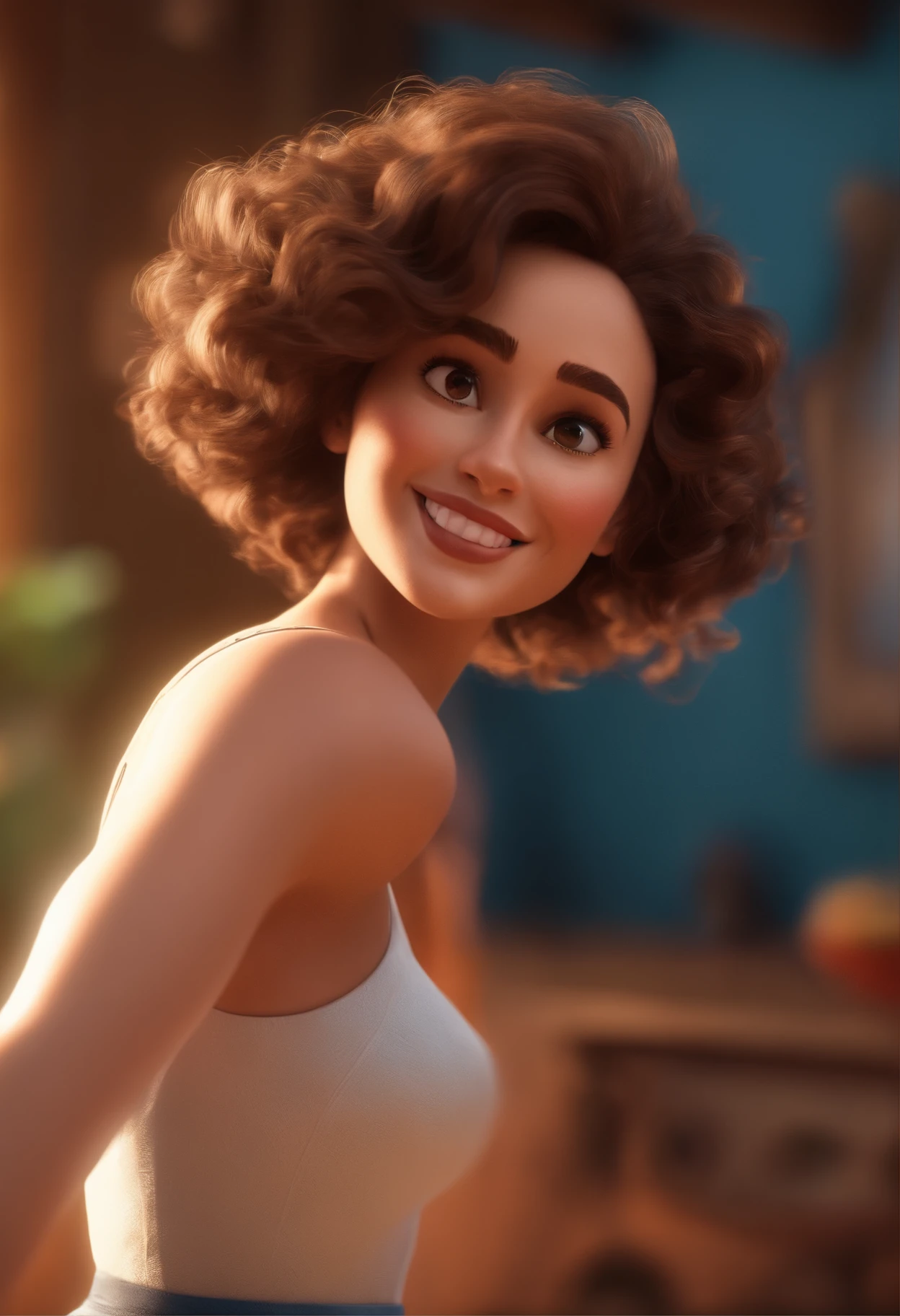 Pixar style image with 3D character white glasses brunette woman short curly hair dancing, Maquiagem Disney,Pescador, bonitinho, sorridente ,Close-up, Pixar, Disney, Cinema lighting,