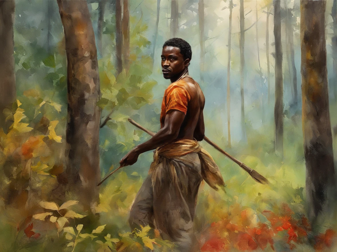 Best Quality, masutepiece, high detailing, Realistic, High Definition, Software Engineer, Tall body, Slim Fit Figure, Man in the forest, dense woods, Africa, oud, Night, Smart Causality, Happy. , Make a happy face, Make faces, apples, Little light, Very dark, Very dark, No light, Foggy, dense black skin, Short hair