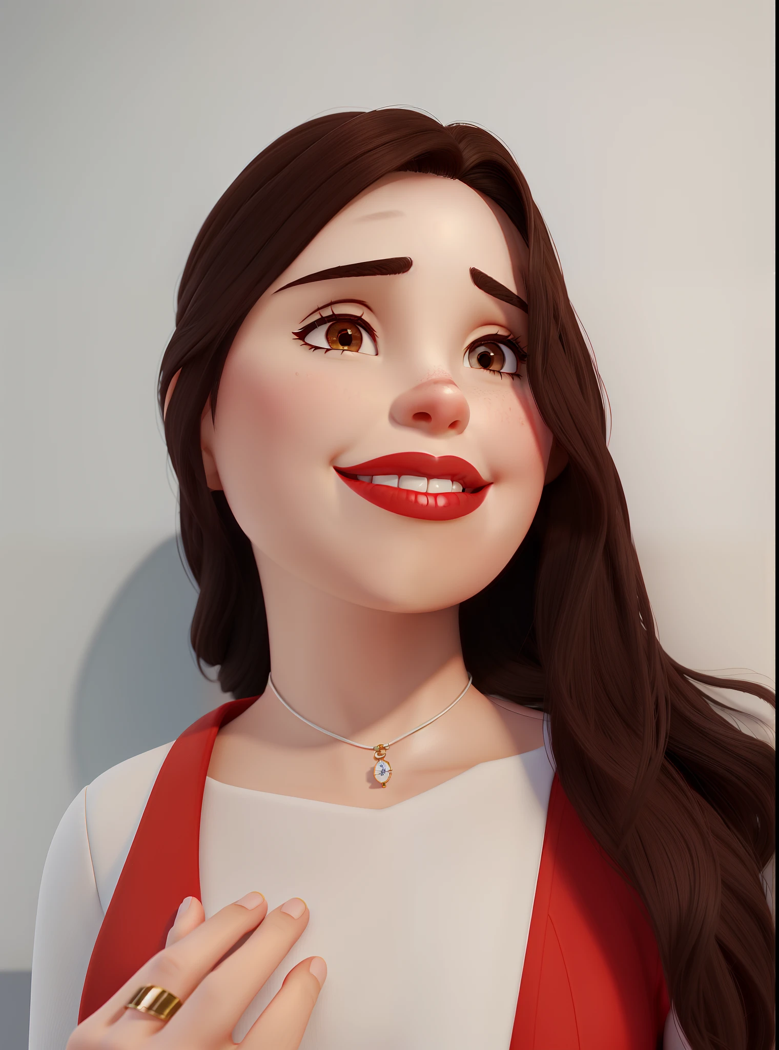 A woman with white skin, brown eyes, dark hair, red lipstick, smiling, behind a white wall