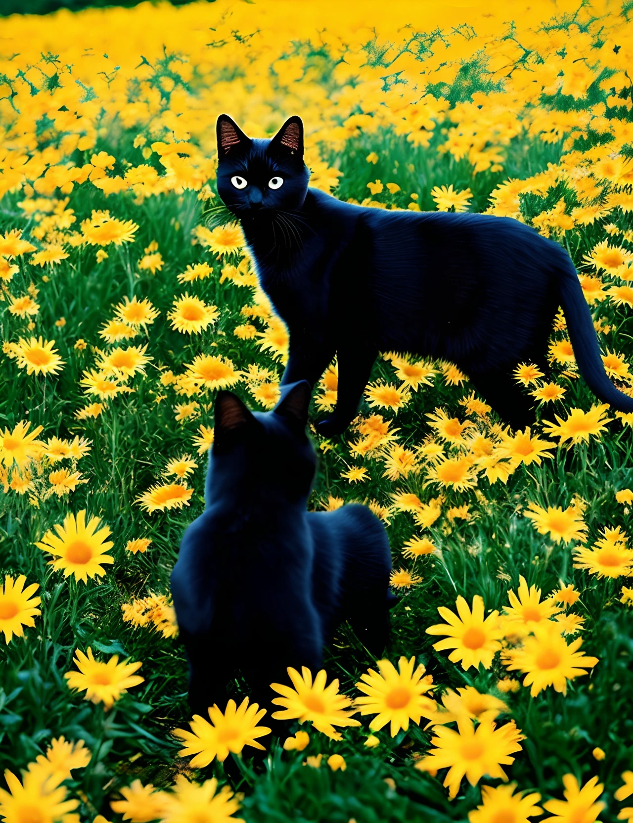 Disney Pixar poster kitty kitty all black cat in a field of yellow daisys