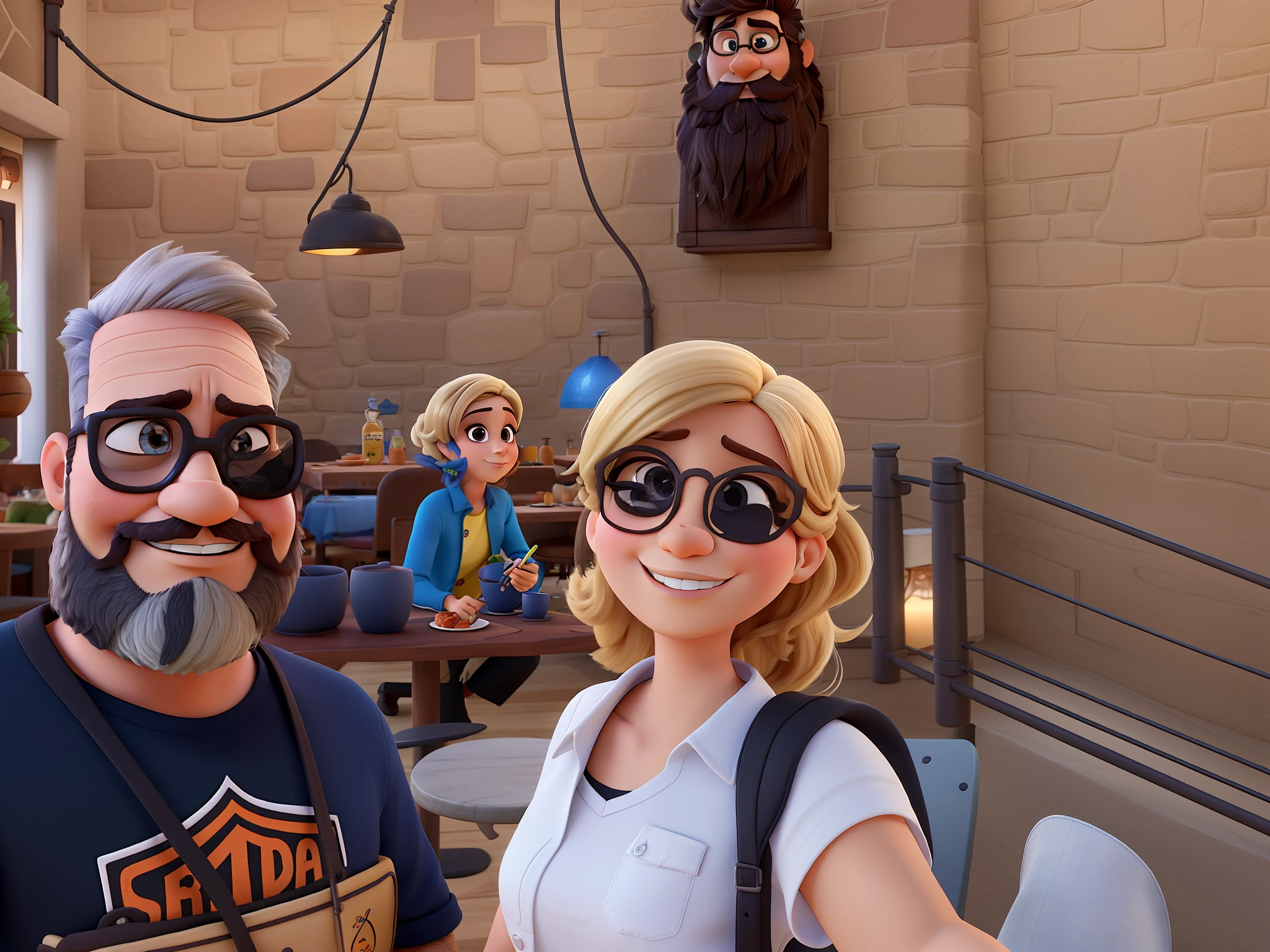 Um casal ao estilo da Pixar, alta qualidade, best quality, e homem de olhos castanhos com barba fechada, mulher baixa e com cabelos com mechas loiras, em um restaurante de luxo