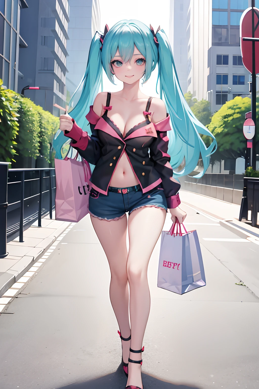 1girl,solo,standing,large breasts, cleavage, 
Denim Shorts, off shoulder colourful shirt, navel, lace-trimmed legwear, arms at sides, light smile, hatsune miku, full body veiw, in a modern City road, shopping bag in hand