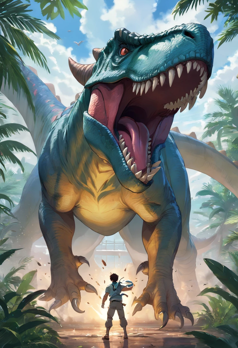 Tyrannosaurus rex vs. triceratops fierce battle,cyber punk perssonage (Best quality, 4K, A high resolution, ultra - detailed), Fierce struggle, Roars and horns, Dusty prehistoric landscape, realistic shaded, Vivid colors, (A detailed, 复杂, Exquisite) Dinosaur scales and textures, dynamic movements, (irate, Determined) The expression on the face of a dinosaur, (stark, Muscular) institution, Sharp teeth and horns, (big assa, imponent) Size, (Dramatic, Dynamic) illuminating, (stark, Energetic) enhancing, (Tension, Anticipation) In the air,1 vs 1,bloods,Hunting,Defense dose,Fight to the death
