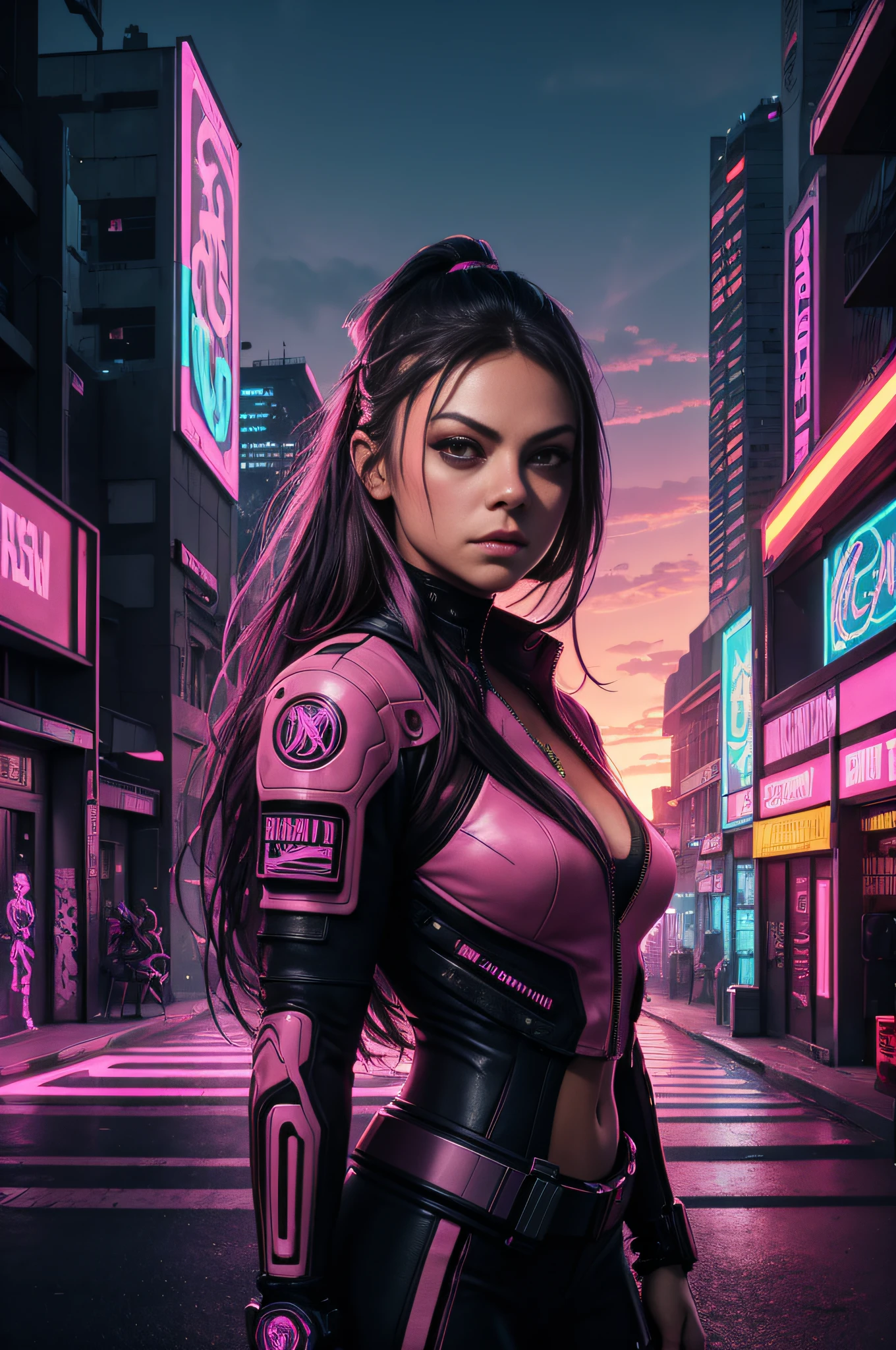 portrait, cyberpunk Mila Kunis, cyborg, Futuristic Urban Cityscape illuminated by a pink neon sunset, Colorful Intricate Details, Graffiti Style, Street Art by Alex Konstad, Tatsuya Ishida, and Patrick Brown, dramatic lighting, hyperrealistic details, trending on Artstation, cinematic lighting