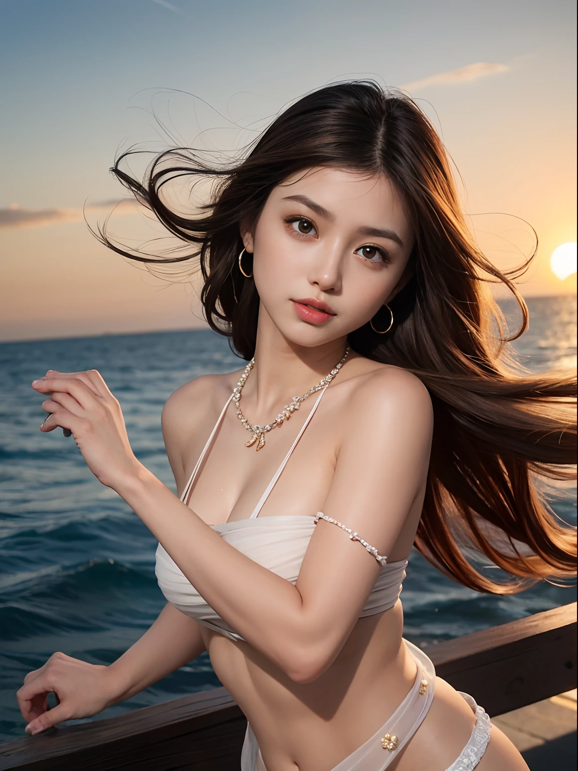 (top-quality:1.1)、(Photorealsitic:1.1)、(a picture:1.1)、(ighly detailed:1.1)、viewer、armlet、Jade Bracelet、Jade Earrings、Eye lashes、Medium chest、a beautiful detailed girl、(extremely detailed eye and face)、(lighting on the face)、jade necklace、Ultra Micro Bikini in White、(独奏:1.2)、(shores、Palm trees)、(Skin glowing in the light of the setting sun)、see -through、NSFW、Light brown eyes、(((Hair fluttering in strong winds)))、((Anatomically perfectly balanced style))、Cute poses、sexypose、Blue big eyes、Full body like、red brown hair