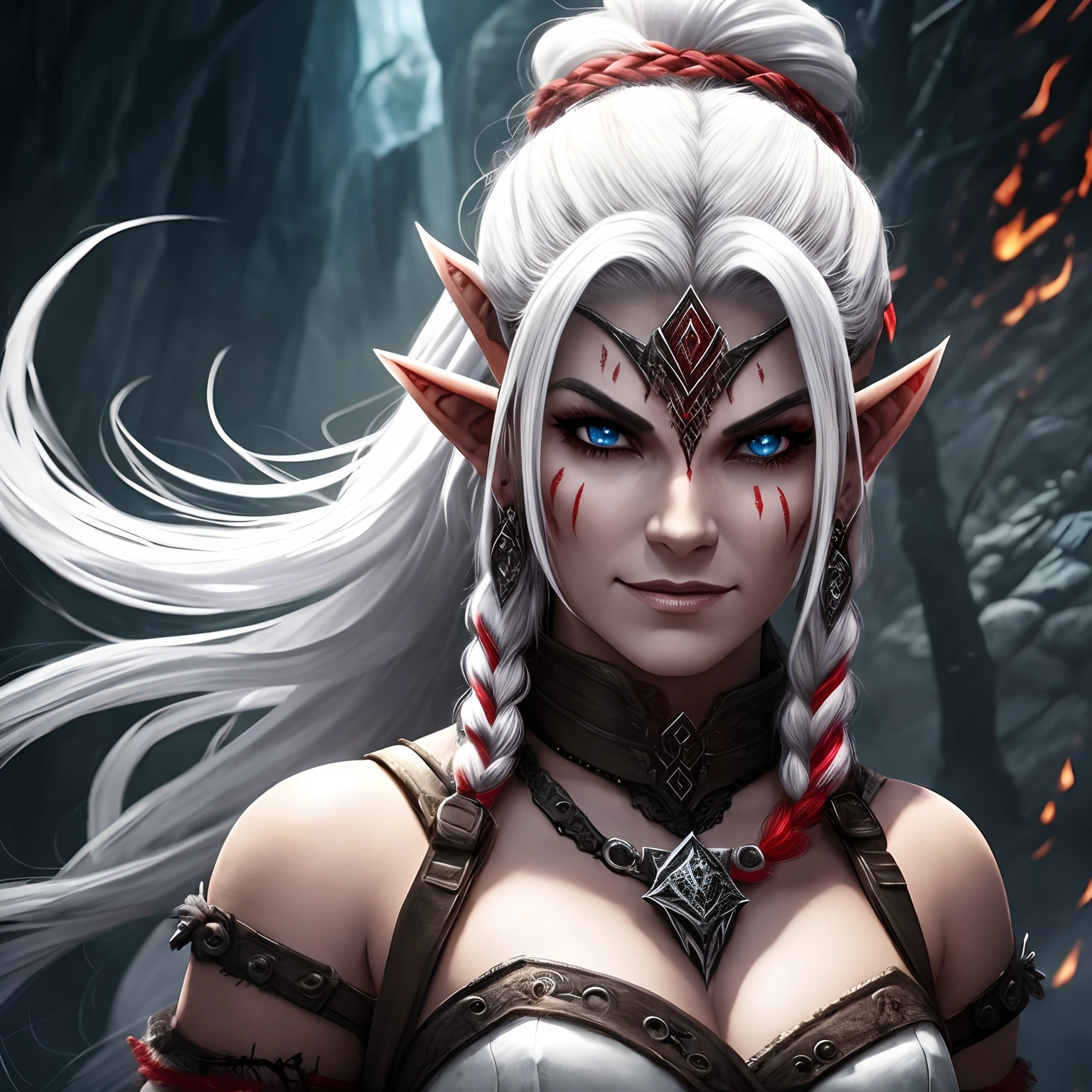 Berserker, Barbarian female orc, Arte de Fantasia, of his gaze alone enemies beginning to panic, one head, devilish smile, besta do inferno, demonio, White Fire Sky, guerreira, com foice e escudo, lindo, Female orcs, Werelion, Long red braided hair, olhos dourados brilhantes, realista, altamente detalhados, Motor irreal, 8k de luxo