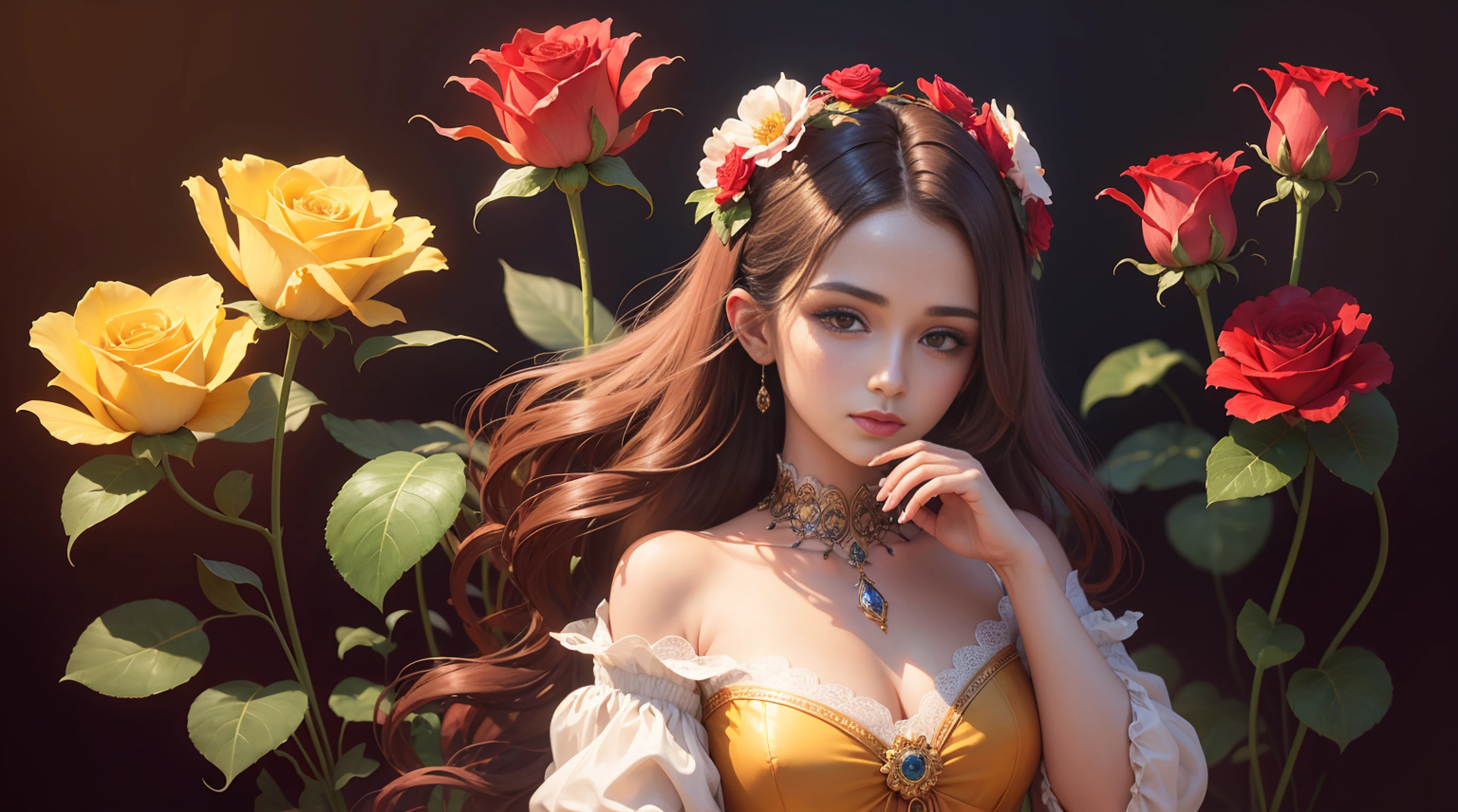 There is a red flower with a yellow center on a stem, flor delicada brilhante, flores luminosas, translucent roses ornate, pintura digital elegante, soft light melanchônica pink, Arte bonita UHD 4K, flores brilhantes, bela arte digital, pintura digital bonita, bela arte digital, pintura digital brilhante, pintura digital suave, magic flowers, flor bonita, arte digital muito bonita