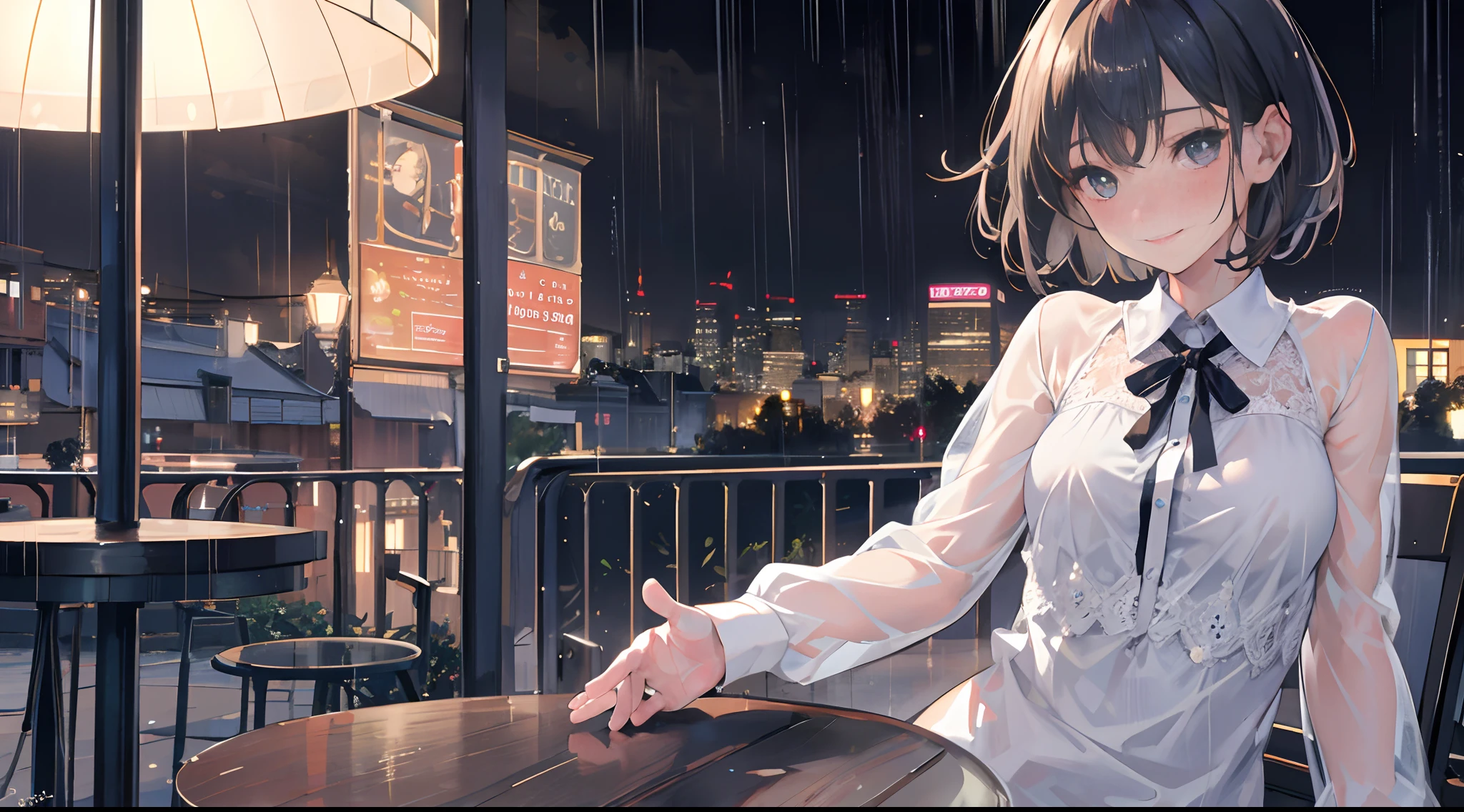 (8K, Best quality, Masterpiece:1.2), (Realistic, photo-realistic:1.37), Ultra-detailed,((( 1 girl))),Solo,Beautiful detailed sky,Detailed Cafe,Night,Sitting,dated,(nose blush),(Smile:1.15),(Closed mouth) Small breasts,Beautiful detailed eyes,(shirt:1.1), Night, Wet, rain,White lace, (Short hair:1.2),Floating hair NovaFrogStyle, ((full bodyesbian)),Stand, Sexy, Cute