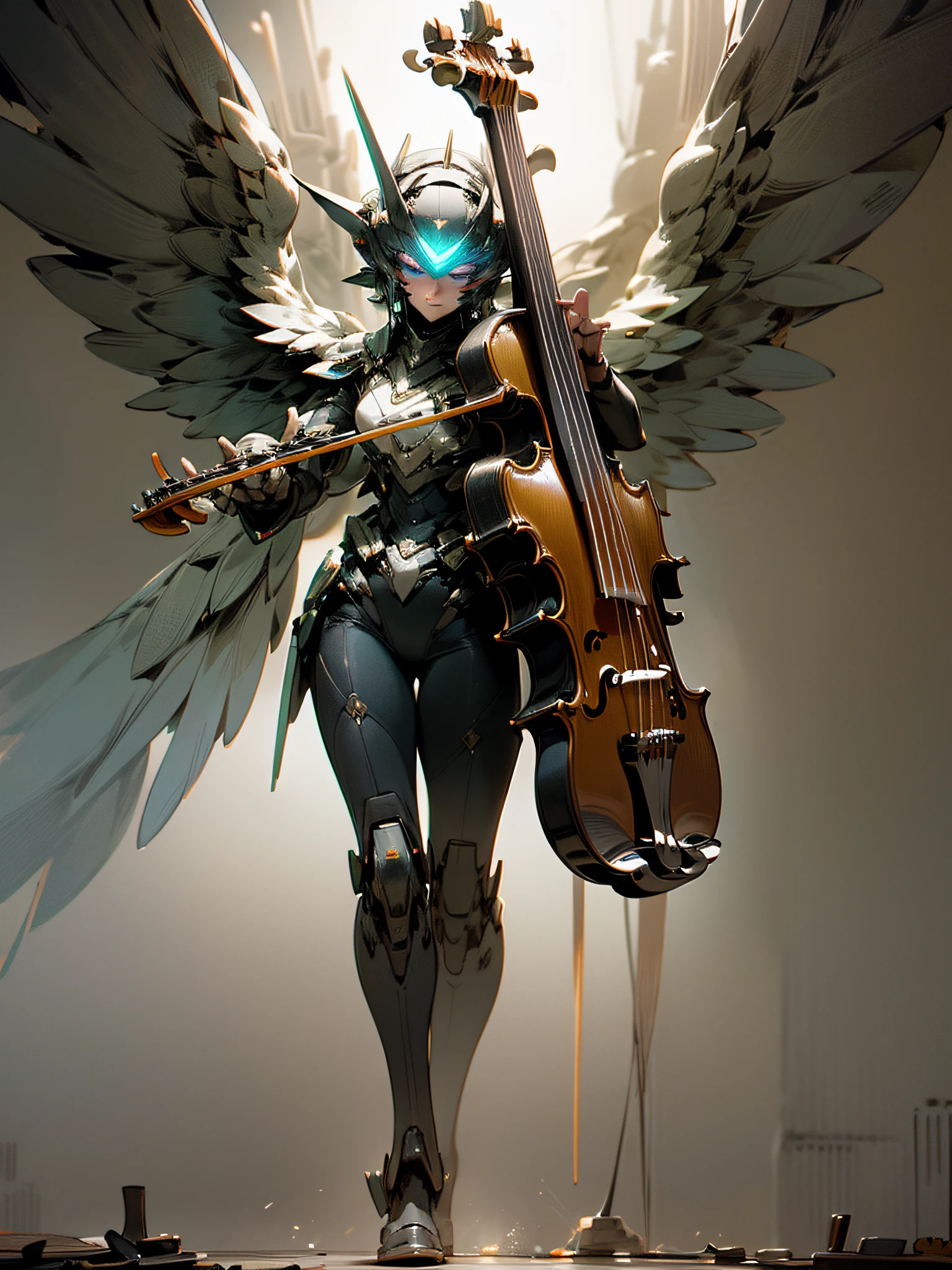 A powerful and potent MECH, (((playing violin))), luminous eyes with bicolor neon, MECH wings open, dual swords, exuding its strength, full body, full black color, {extremely detailed 16k CG unit wallpaper }, expansive landscape photography, (a low view with focus on the character), (wide open field view), (low angle shot), (high light: 1.5), (low light: 1.4), (source Warm Light: 1.8), Intricate Details, (Iridescent Colors: 1.6), (Bright Lighting), (Atmospheric Lighting), Dreamy, Badass, Unique