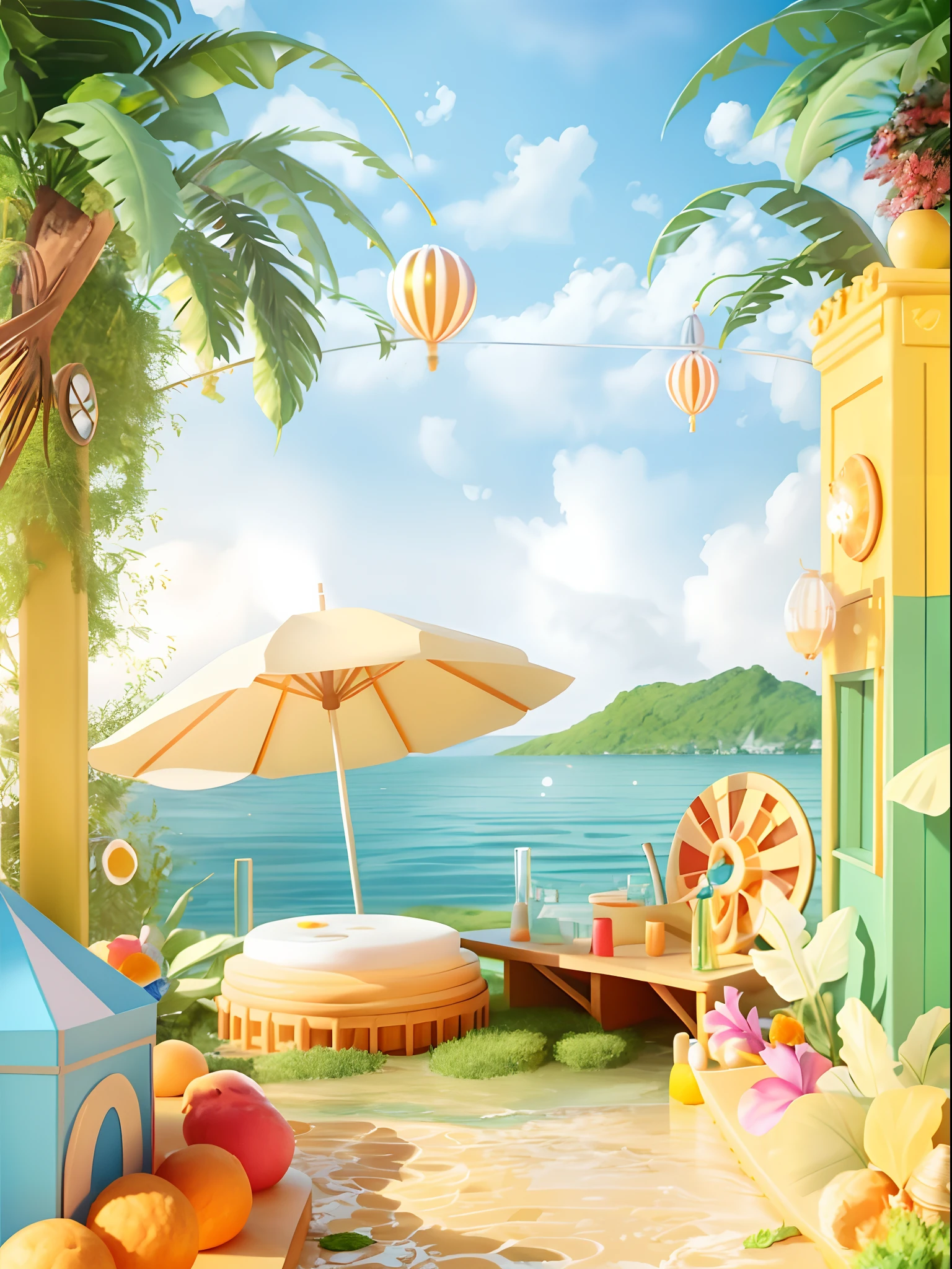 There is a picture of a tropical-themed room with a hot tub, arte de fundo, a paradise like a fairyland, Tropical paradise, Tropical atmosphere, outdoors tropical cityscape, seaside backgroud, tropical beach paradise, fantasy matte painting，Cute, whimsical fantasy landscape art, lush paradise, stylized background, beautiful magical palm beach, tropical background, detailed scene