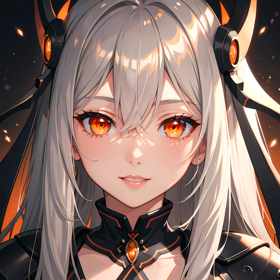 masterpiece, best quality, close-up, beautiful lighting, 1 girl, orange eyes, gray hair, detailed eyes, (glowing eyes), smile, looking at viewer, dark orange background, parted lips