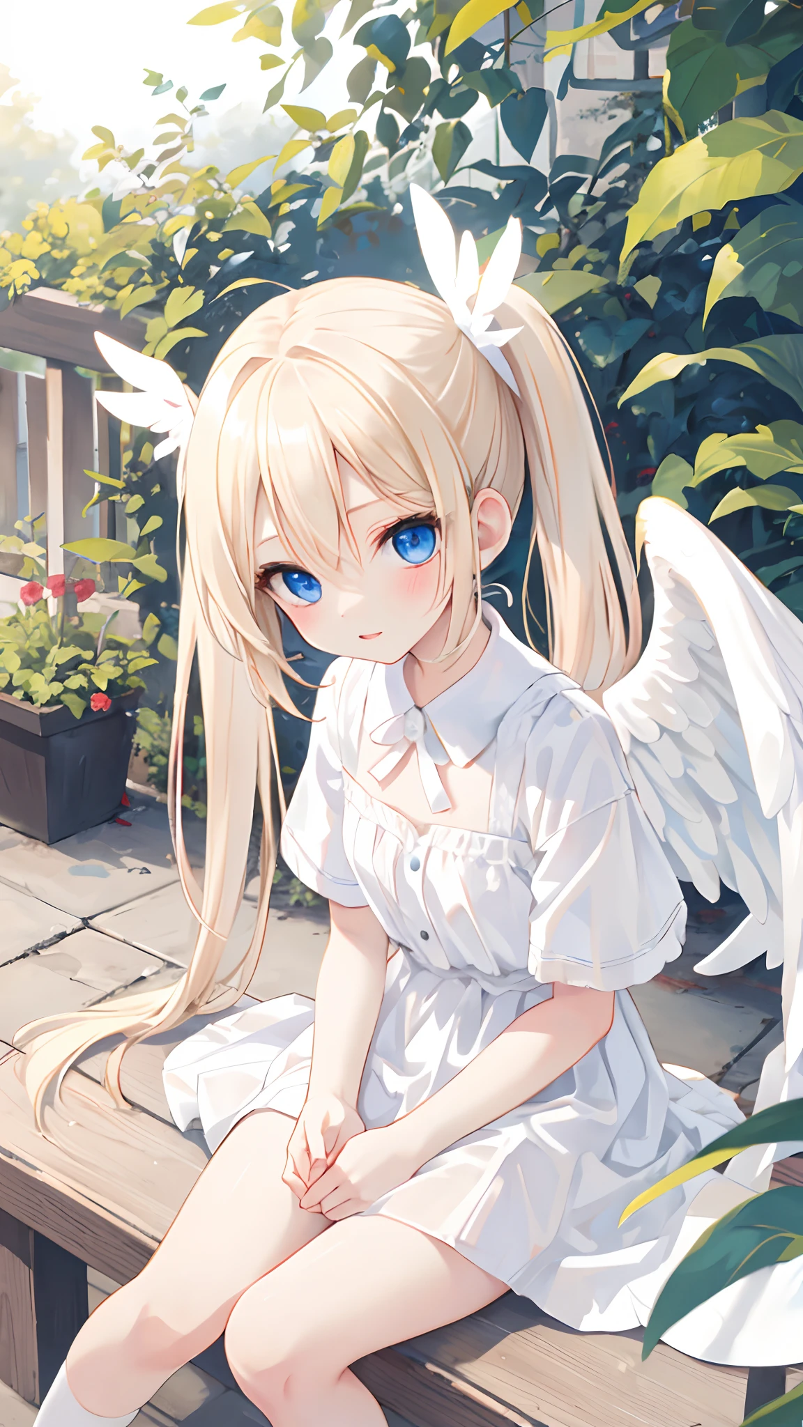 Cute angel girl,Angel wings,DOA,Sat down,blood vess,Long blonde hair and double ponytails,Nice blue eyes