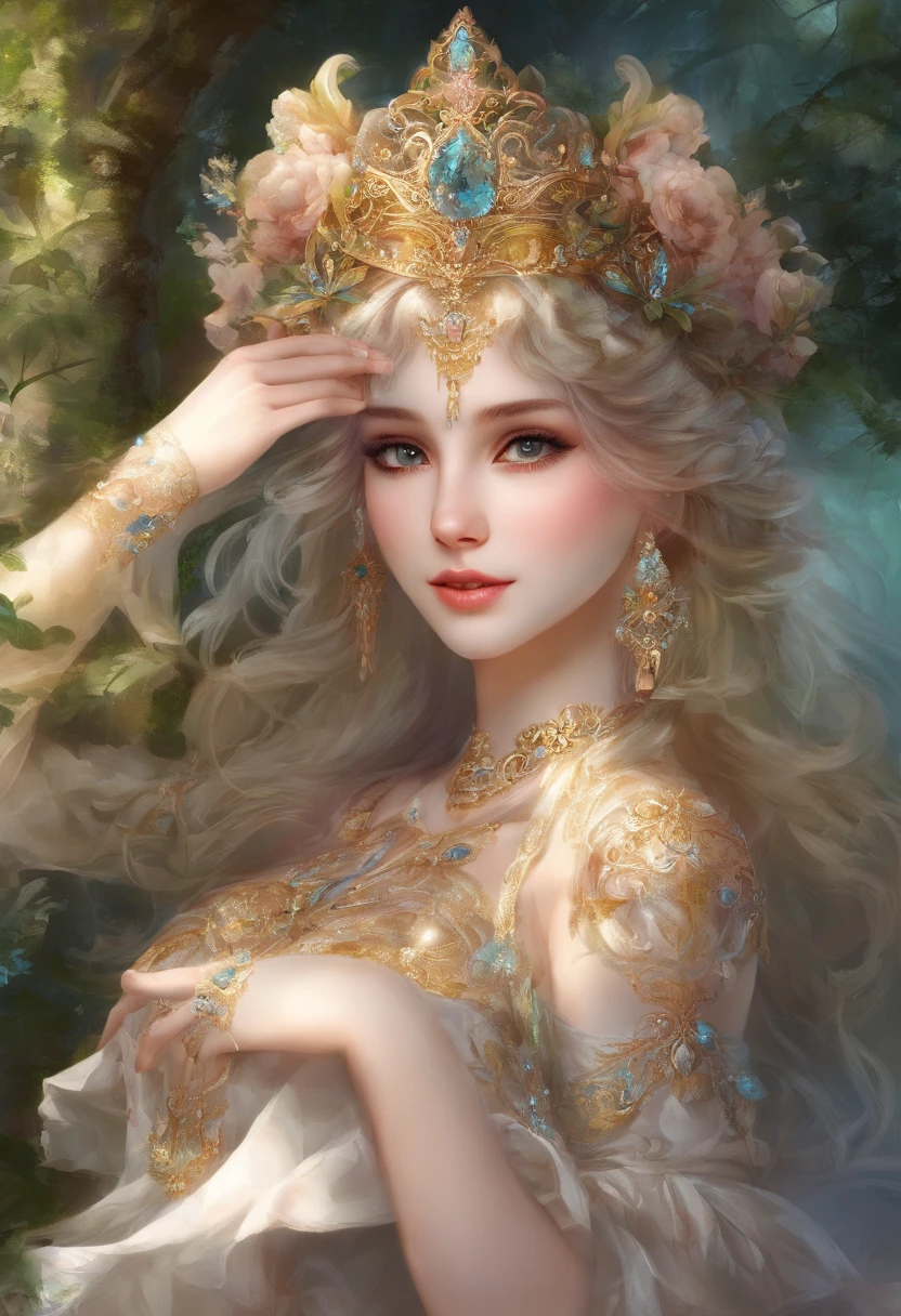 tmasterpiece,Highest high resolution,Soft lighting,Beautiful aristocratic maiden,Delicate braided hair,Coiled hair,Shining clear eyes,The hair is covered with beautiful and delicate floral craftsmanship, crystal、Diamond jewelry filigree,Ultra-detailed details,upscaled。Pastel, Dreamy, Whimsical, Delicate, opulent, Epic surrealism, The upper part of the body,Meticulous, Magnificent, max details, extremely hyper aesthetic,upscaled, upper body naked, happy smile