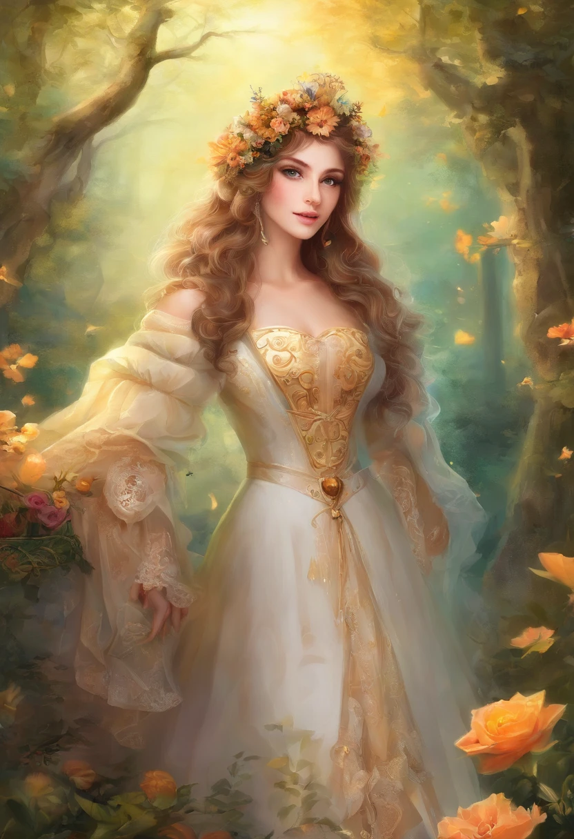Women of the French Court，Rococo puffy skirt，（Very delicately beautiful：1.2），8K，（tmasterpiece：1.0），（best_quality：1.0），1girll，Mature Woman，intricate-detail，magnified textures，intricate-detail，fine eyes and detailed face，intricate-detail，（Keep one's mouth shut），perfect  eyes，Equal eyes，Perfect body，Highly realistic 3D，Raised sexy，brunette color hair，（（Very detailed eyes））heal，Delicate eyeliner。long eyelasher，verd s eyes，black pupils，There is starlight in the eyes，Delicate lip details，Oil painting quality，Thick painting style，fantasy forest，Kandy Cottage