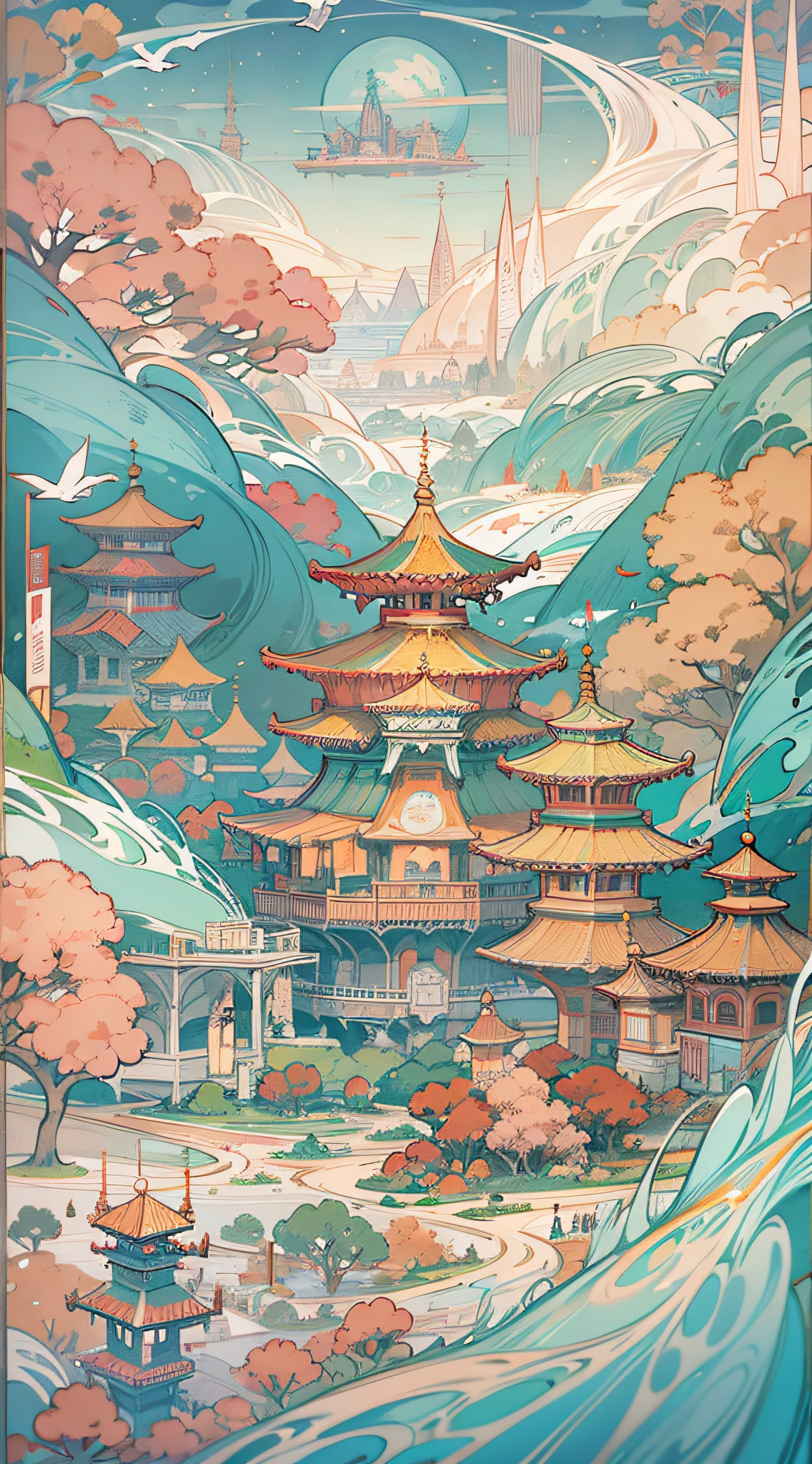 Images of Asian landscapes with mountains and birds in the air, otherworldly visual style in fantasy, light cyan and gold, intricate map worlds, surrealist illustrations, romantic cityscapes, detailed illustrations of people, organic shapes and curves